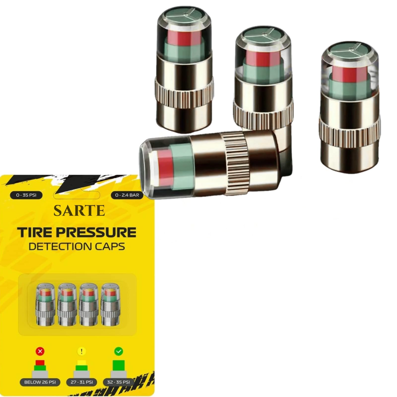 SARTE Aluminum 4 Pcs Car Tire Pressure Monitor Valve Dust Cover Air Stem Caps with Sensor Indicator Radium Tyre Pressure Caps for Bikes, Cars,Trucks & Motorcycles Modification & Decoration Accessory