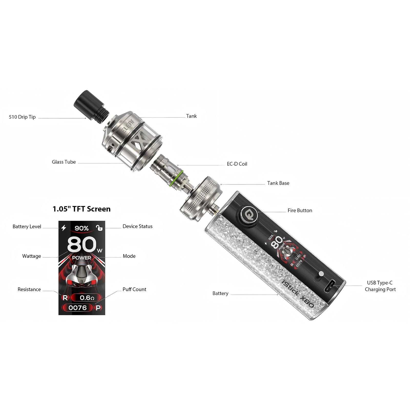 For Eleaf iStick X80 Kit avec réservoir Melo X Tank de 5 ml No Nicotine