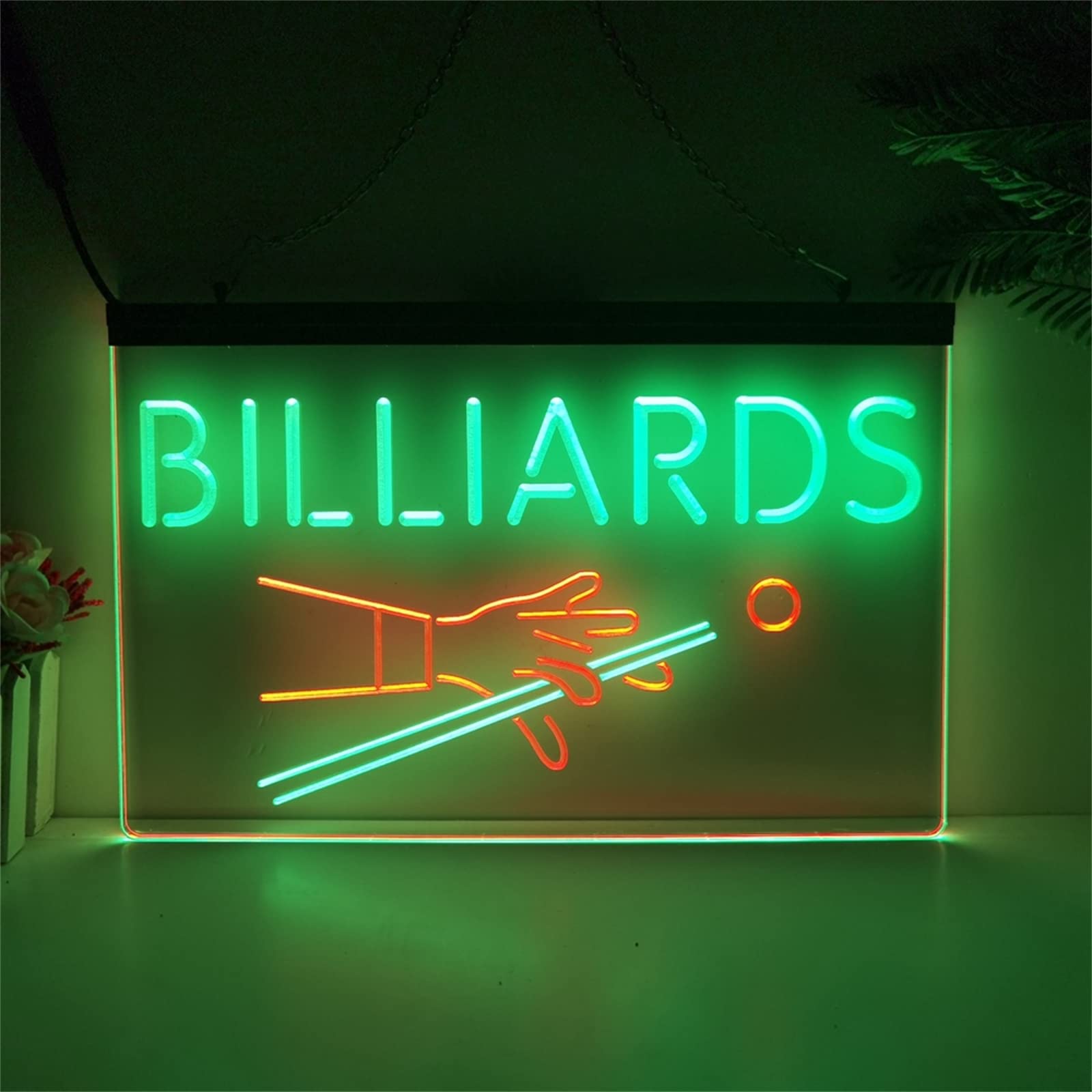 REWIS Cartel de neón LED con Soporte de Mano de Billar, Luces de neón grabadas en 3D de Doble Color USB Personalizadas, para Sala de Juegos de Billar Colgante Regulable Decorativo,Green Red,40x30cm