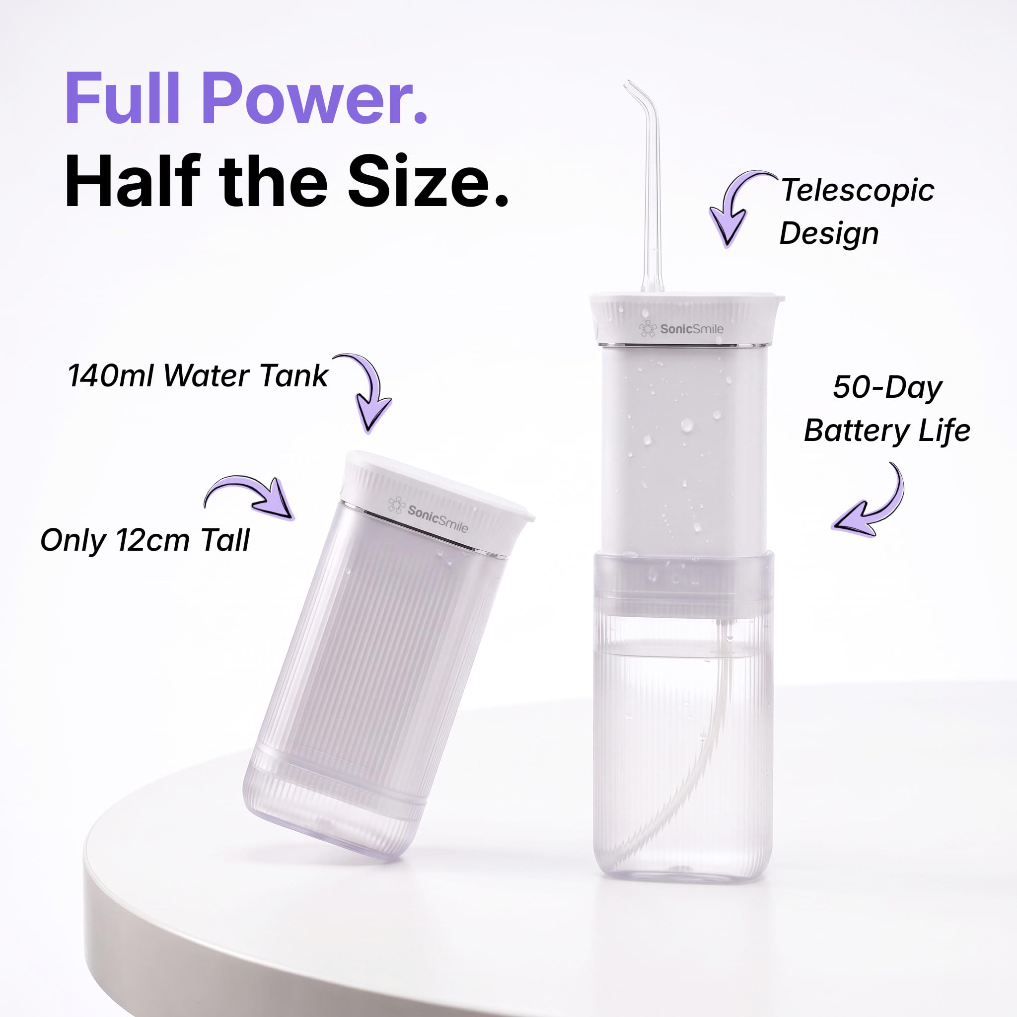 SonicSmile® Sonic - Mini irrigatore orale senza fili e compatto, design telescopico, 4 accessori, pulizia interdentale per viaggiare e a casa