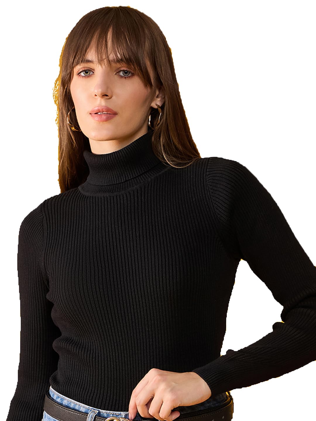 98 North98 Degree North Women Cotton Self Design High Neck Pullover Has A Full Sleeves and Straight Hem-RG11121-BLACK