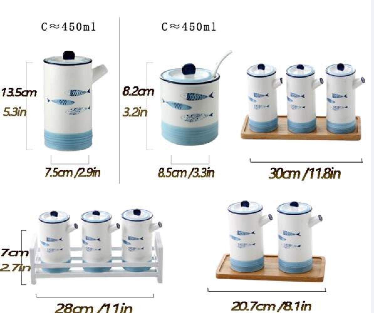 Botella de vinagre de Aceite Dispensador de ollas Frasco de Especias Cocina Cerámica Dispensador de Salsa de Oliva A Prueba de Polvo y a Prueba de Fugas 450ML Patrón de Pescado azu