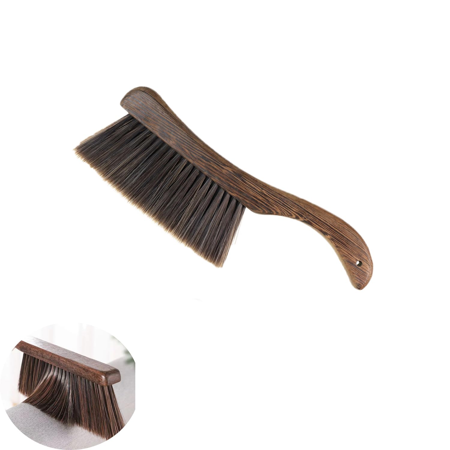 UtySty Scopa a mano con manico in legno curvo, spazzole per la polvere, setole morbide, 32,5 cm, polvere per la pulizia dei detriti, per letto, bancone, divano, auto, vestiti, tappeti, librerie
