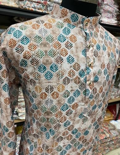 Image of FOXDX Men's Cotton Blend Printed Long Kurta Suitable for All Indian Wedding, Occasions, and Festivals