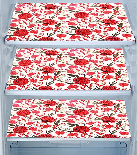 Image of Combo Set of 1 Pc Fridge Top Cover With 6 Utility Pockets and 3 Pc Fridge Mats (Red, Set of 4)