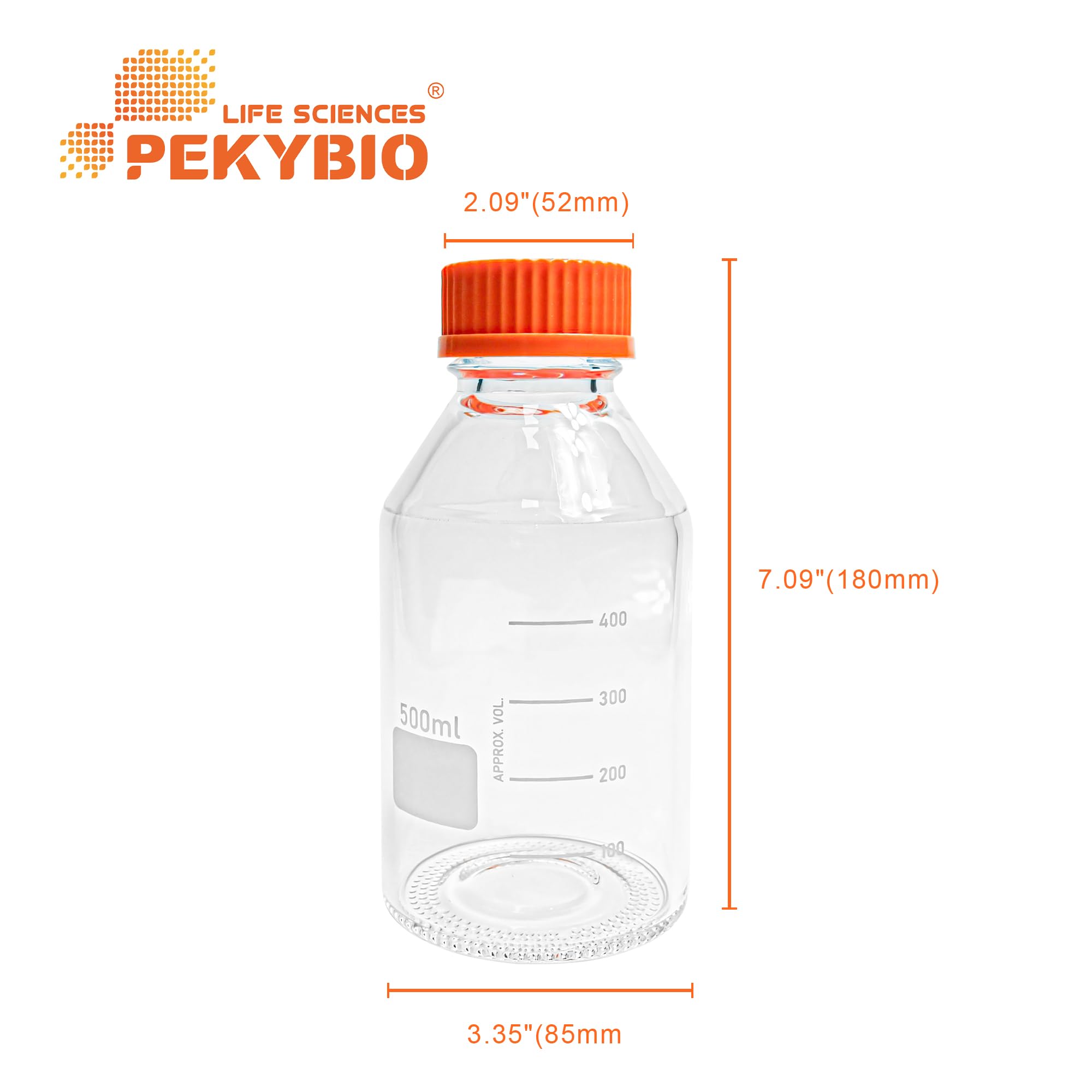PEKYBIO Botellas redondas de vidrio de 500 ml, botellas de almacenamiento 3.3 de vidrio de borosilicato con tapón de rosca PP GL45 (paquete de 2)