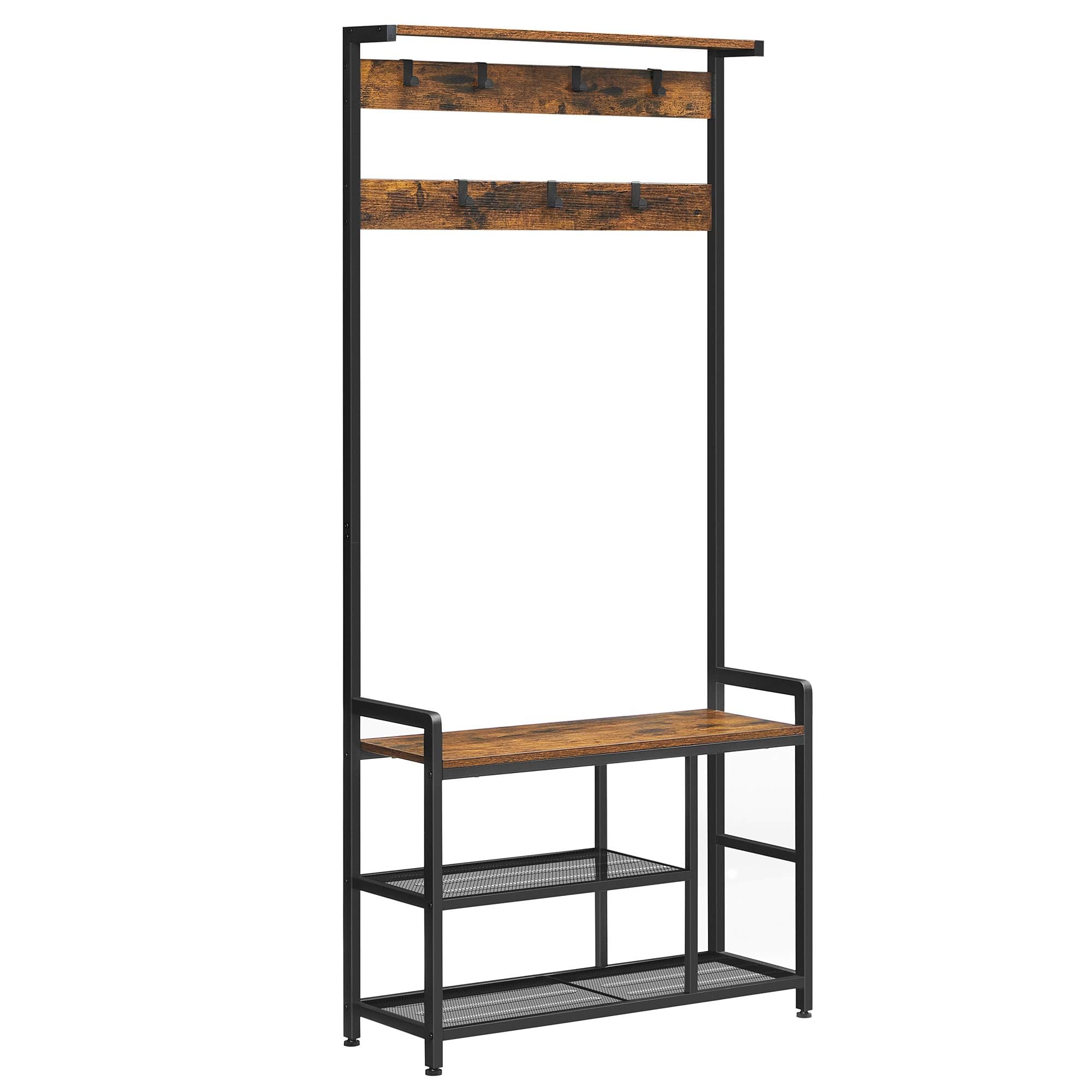 VASAGLE Perchero con Zapatero, Perchero con Banco para Zapatos, con 7 Ganchos, Estantes, para Entrada, Dormitorio, Marco de Acero, Estilo Industrial, Marrón Rústico y Negro HSR088B01
