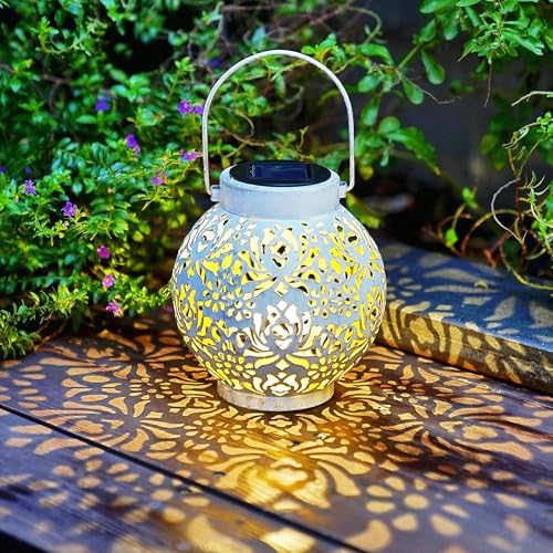Image of 2 Pack Outdoor Solar Hanging Lantern Lights Metal LED Decorative Lamp for Garden Patio Courtyard Lawn and Table with Hollowed-Out Design (White)