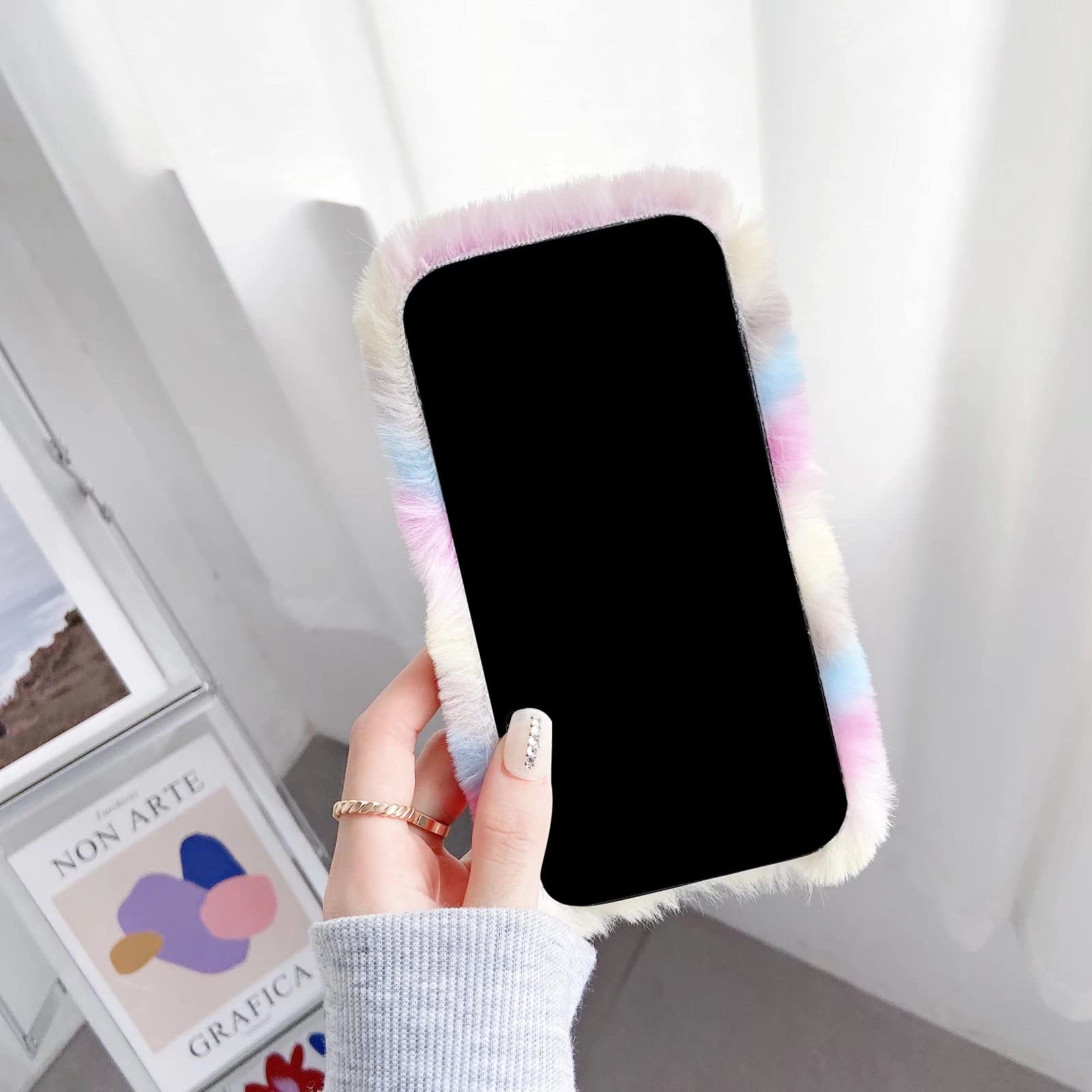 Miagon Pelosa Artificiale Peluche Custodia per iPhone 12,Carina Cover Protettiva Soffice Animali per Ragazze Soft Pelliccia con Cuore Pendente,Viola Rosa