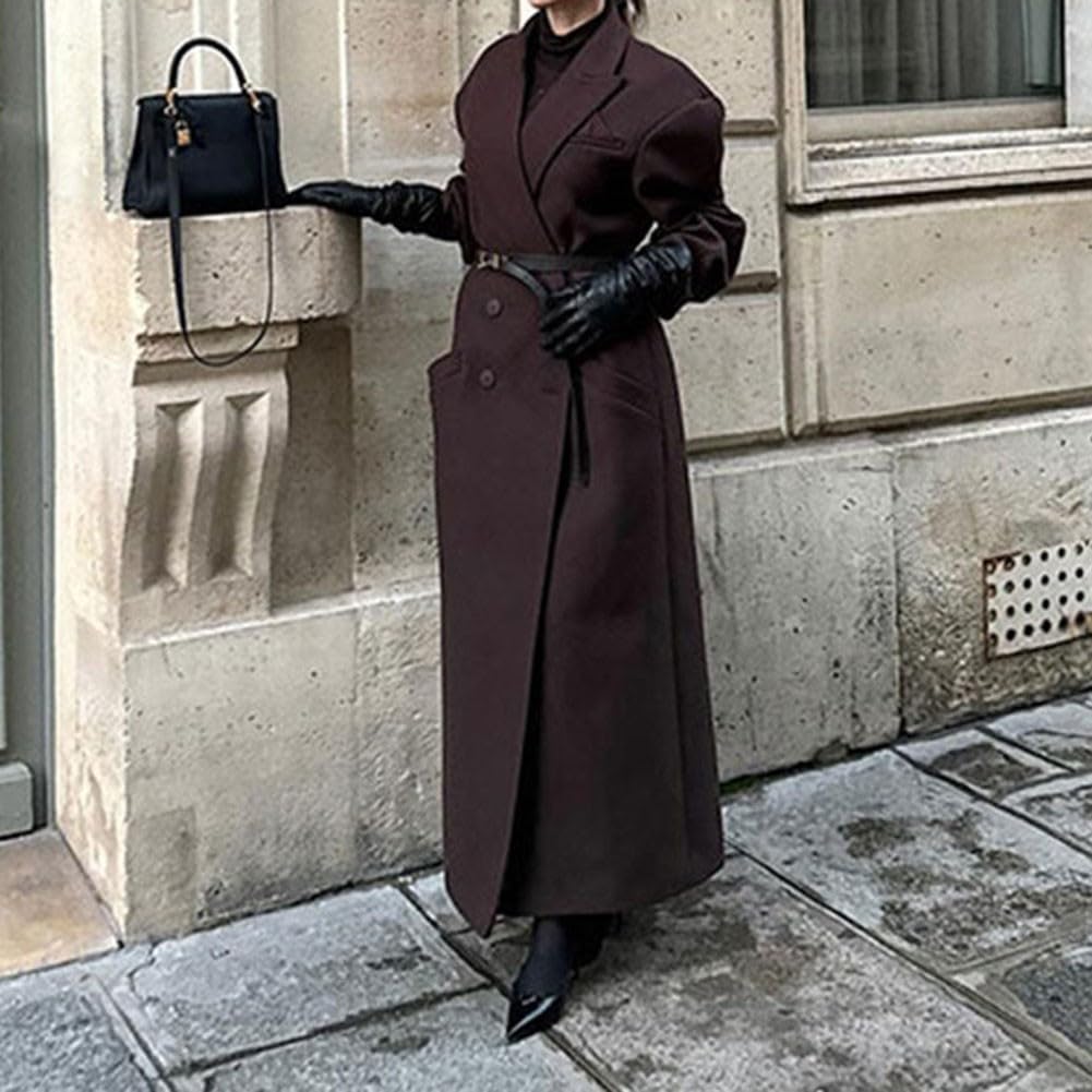 Giacca lunga da donna CY30568, colore puro, elegante, alla moda, per ufficio, pendolarismo, autunno, inverno, casual, lungo, di qualità, professionale, per lavoro (S marrone)