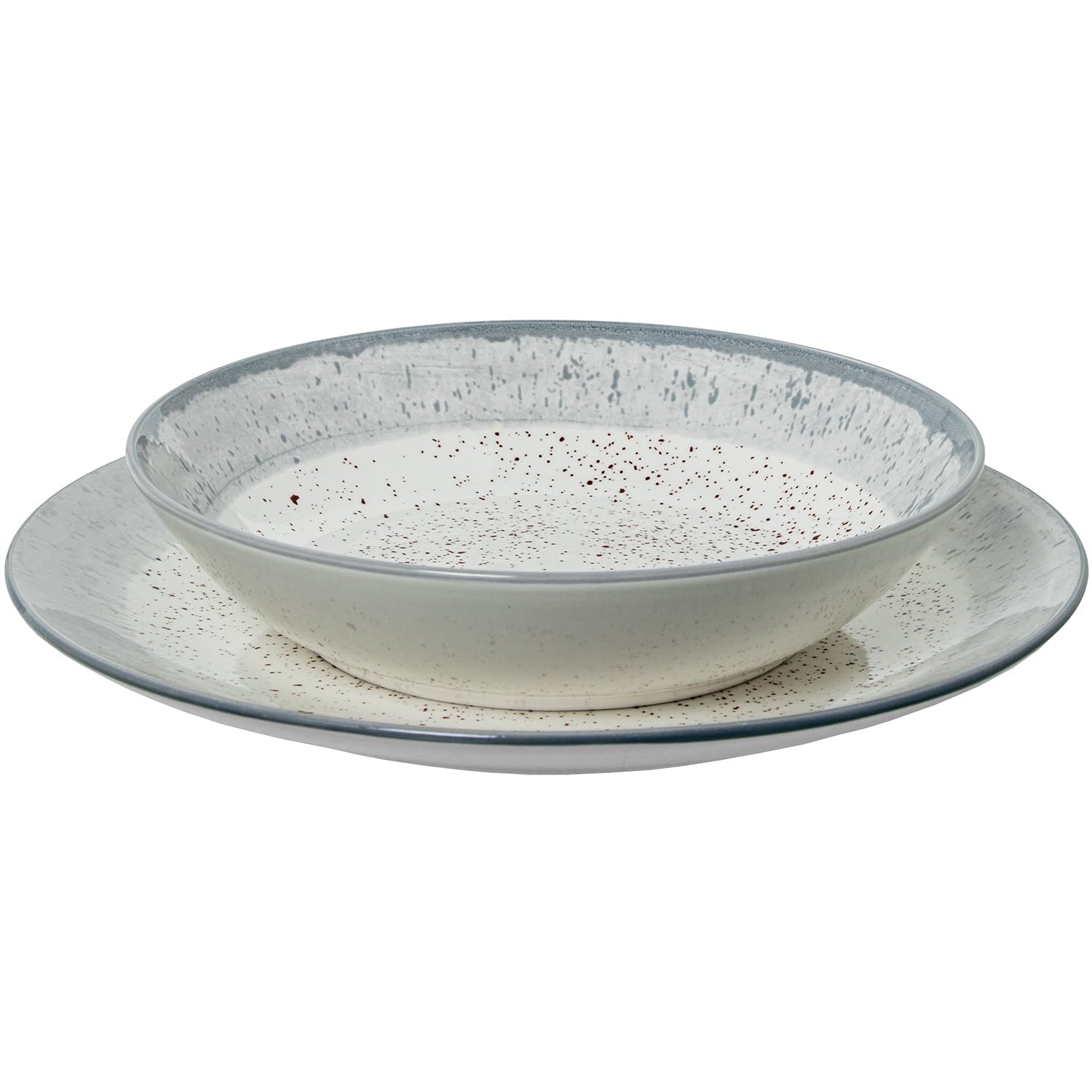 Vajilla de 18 piezas de porcelana con decoracion moteado y borde gris estilo gres 26x6x26 cm