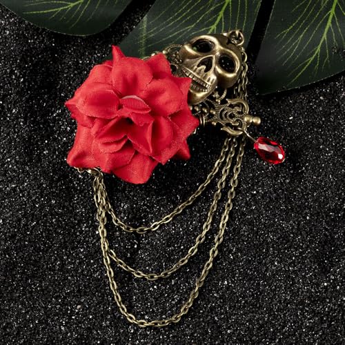 Image of Vintage Skull Rose Tassel Chain Pin Brooch for Men & Women - Punk, Gothic Suit Tie Lapel Pin Clip - Perfect Boyfriend Gifts