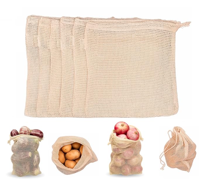 Finalize (Pack of 6) Vegetable Bag for Fridge 100% Cotton Mesh Storage Bags | Reusable Net Bags for Vegetables & Fruits | Fridge Organizer & Refrigerator Vegetable Storage Bags-Beige,Large (6)