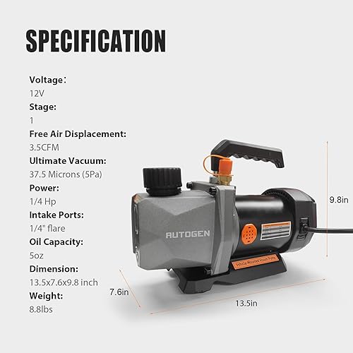 Miniatura 7 de AUTOGEN Bomba de vacío montada en un vehículo de una etapa 3.5CFM 12V DC 60 micrones 14HP para aire acondicionado refrigerante HVAC gris