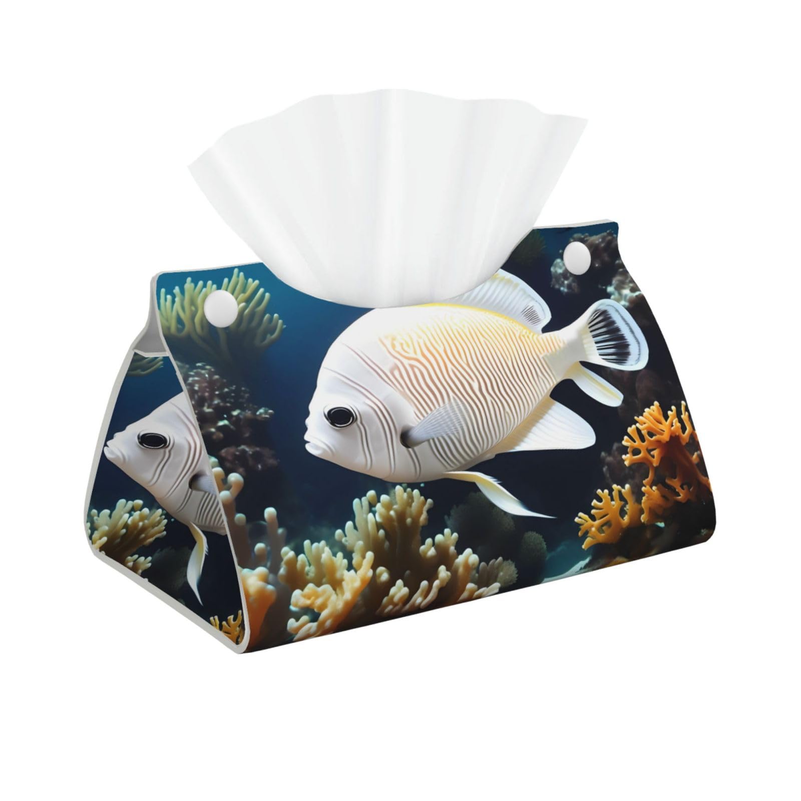 White-golden fish Long Leather Tissue Box Cover-Waterproof PU Leather Tissue Holder for Bathroom, Decorative Rectangular Tissue Case