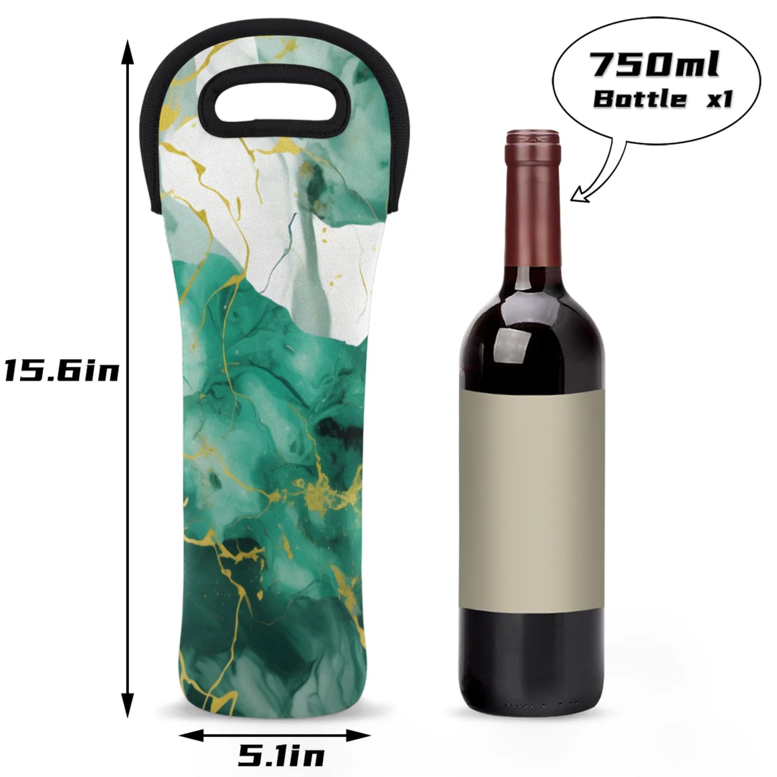 Neoprene Wine Tote Carrier Bag for Wine,Water, Champagne, Beer, Baby Bottles 15.6 x 5.1 Inches, Protective Wine Bag,Green White Marble Texture