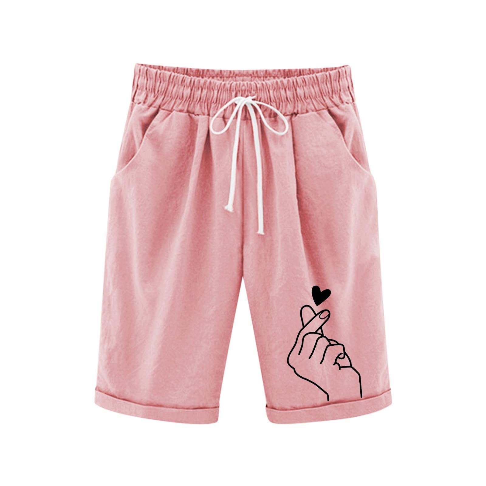 Generisch Leinenhose Kurze Mädchen Leicht Shorts Sommer Freizeit Hose Baumwolle Leinen Strandshorts Elastische Taille Sommerhose Elegant Einfarbig Stoffhose mit Taschen Sweatshorts