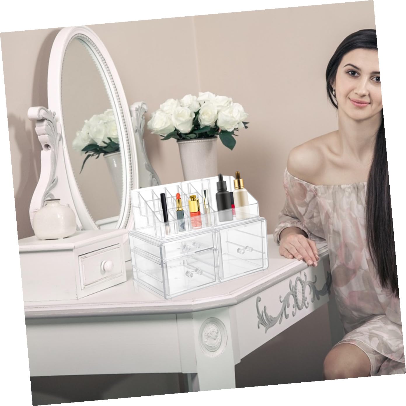Boîte de Rangement Cosmétique à Tiroir Transparent, Compartiments