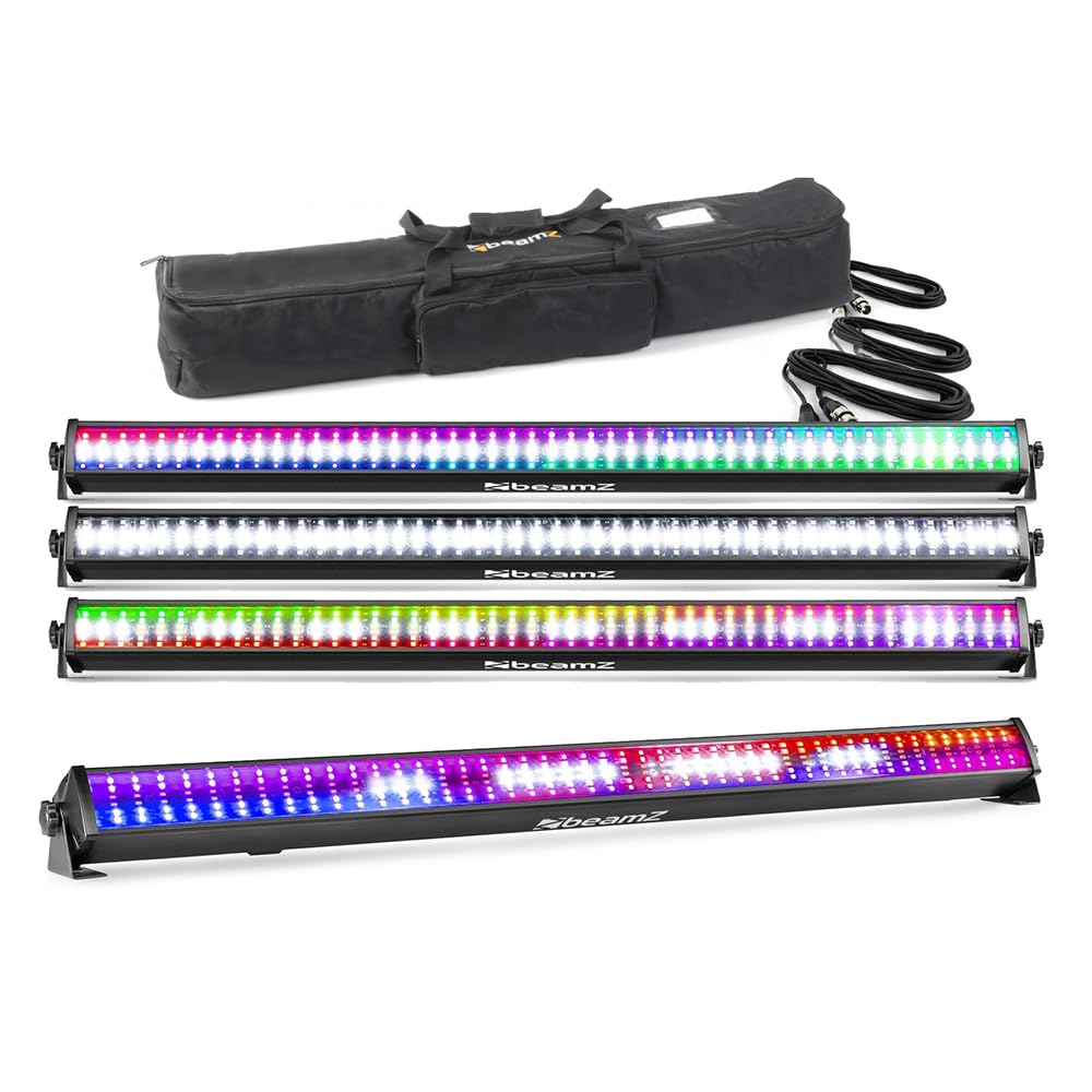Beamz Black Lcb288 Led Light Bar Kit - 4X Wall Washer & Strobe Effect Battens With Dmx, Sound Activation, Soft Carry Case & Dmx Cables For Stage, Events & Uplighting
