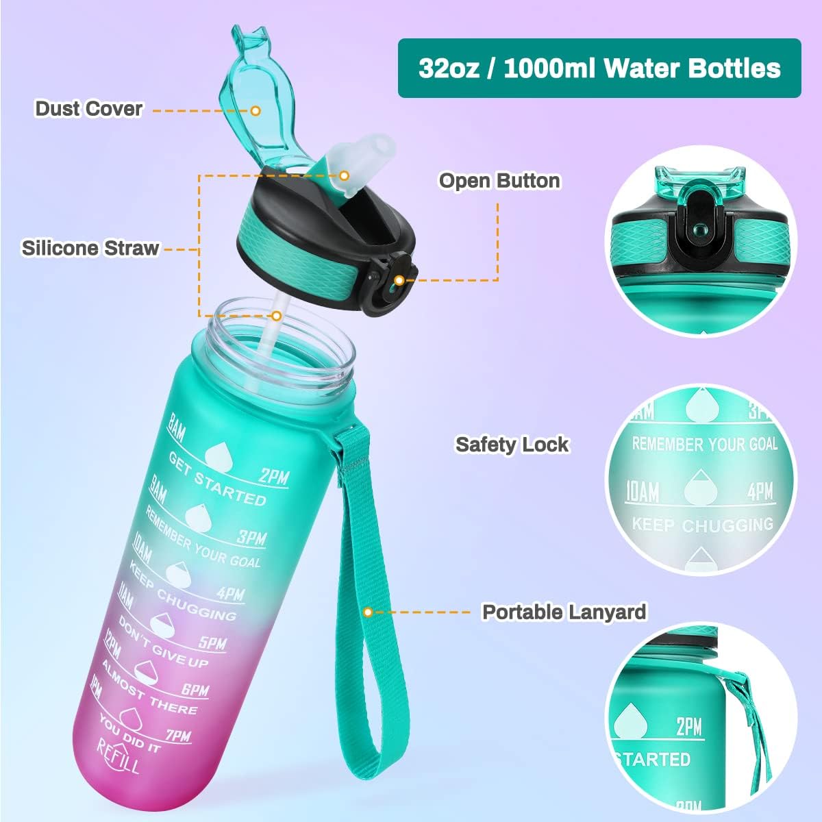 1 Litre Water Bottle With Straw 1 Litre Water Bottle with Time Markings – Leakproof Sports Water Bottle