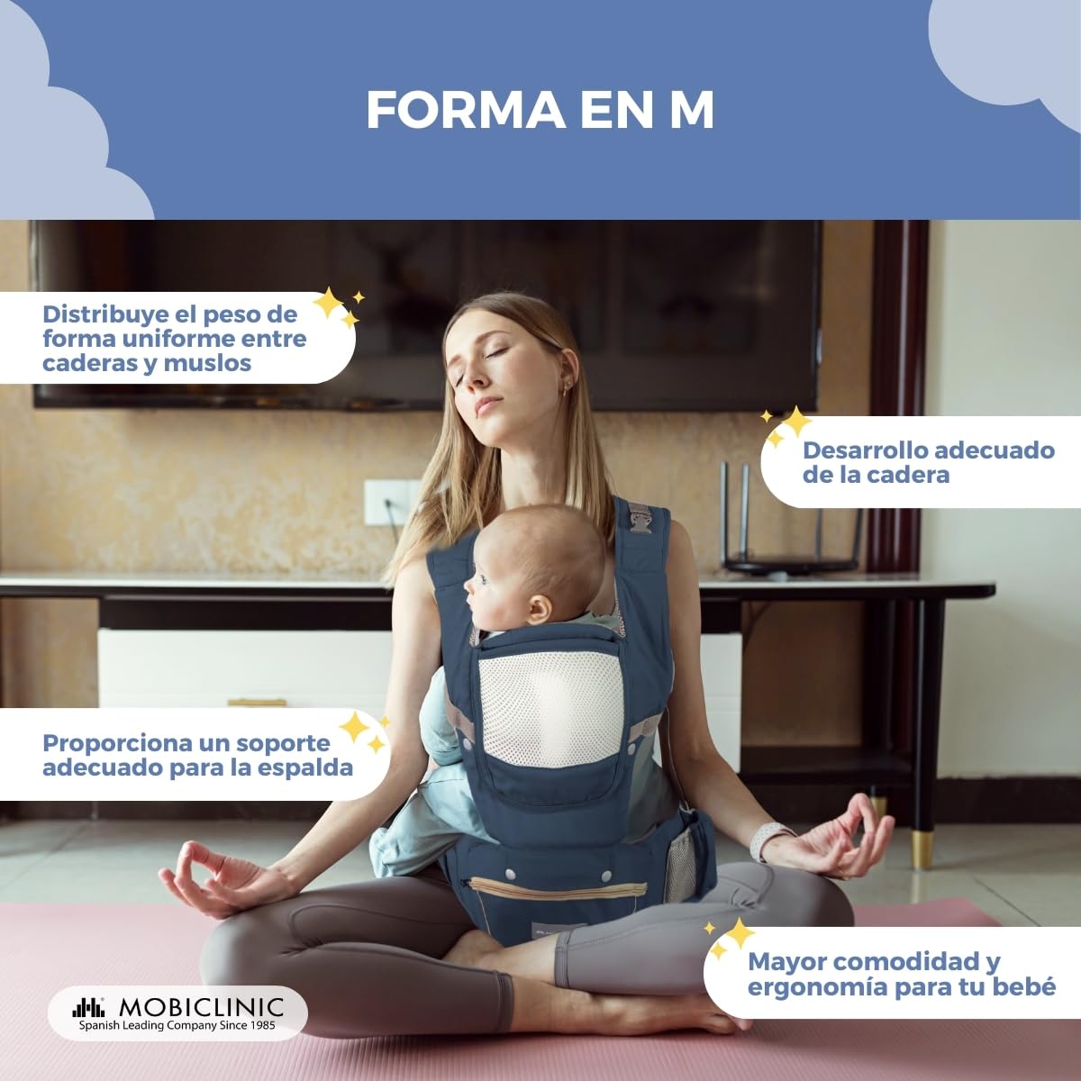 Mobiclinic® kids, Mochila portabebés, 6 en 1, Moley, Multiposición, Plegable, Bolsillo con cremallera, Reposa biberón, Algodón premium suave, 0-36 meses, Para recién nacidos y niños (azul marino) — view 7