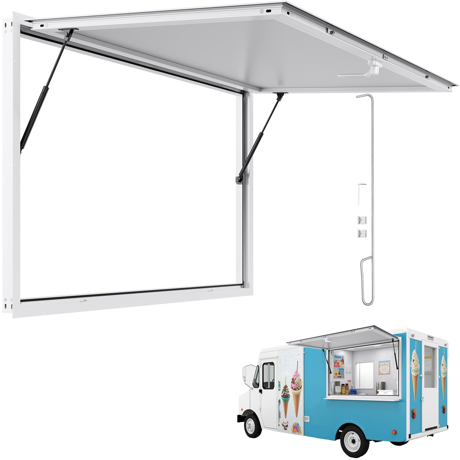 VEVOR Fenêtre de Concession pour Camion Restaurant 152,4x91,5 cm, Fenêtre de Service pour Stand de Vente, Cadre en Alliage d'Aluminium, sans Verre, avec Porte à Auvent et Crochet de Traction