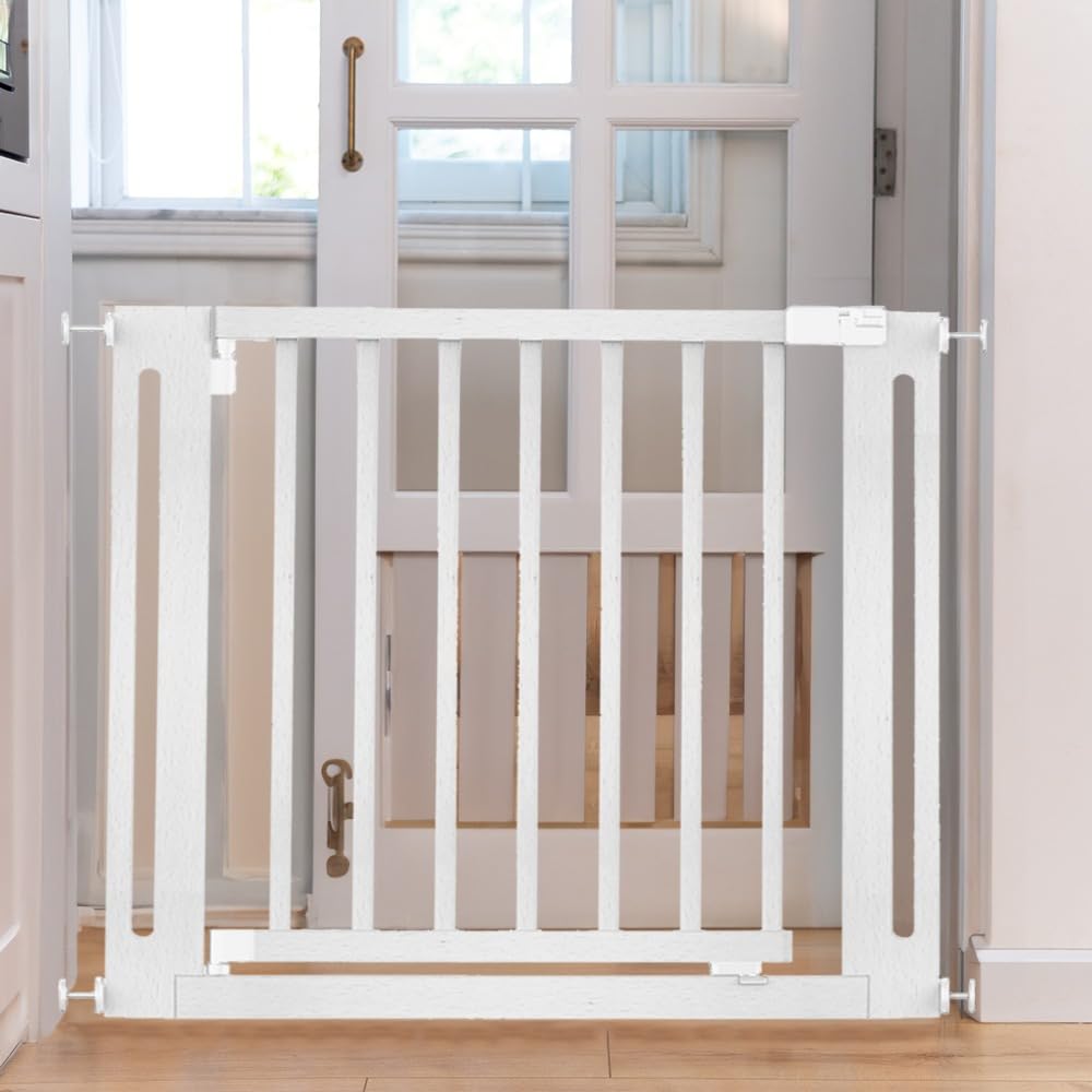 Safetots Puerta Elegante de Seguridad de Madera para Bebés, Blanca, 145cm - 153cm, Puerta de Seguridad con Ajuste por Presión, Puerta Extra Ancha de 73cm, Puerta Extra Ancha