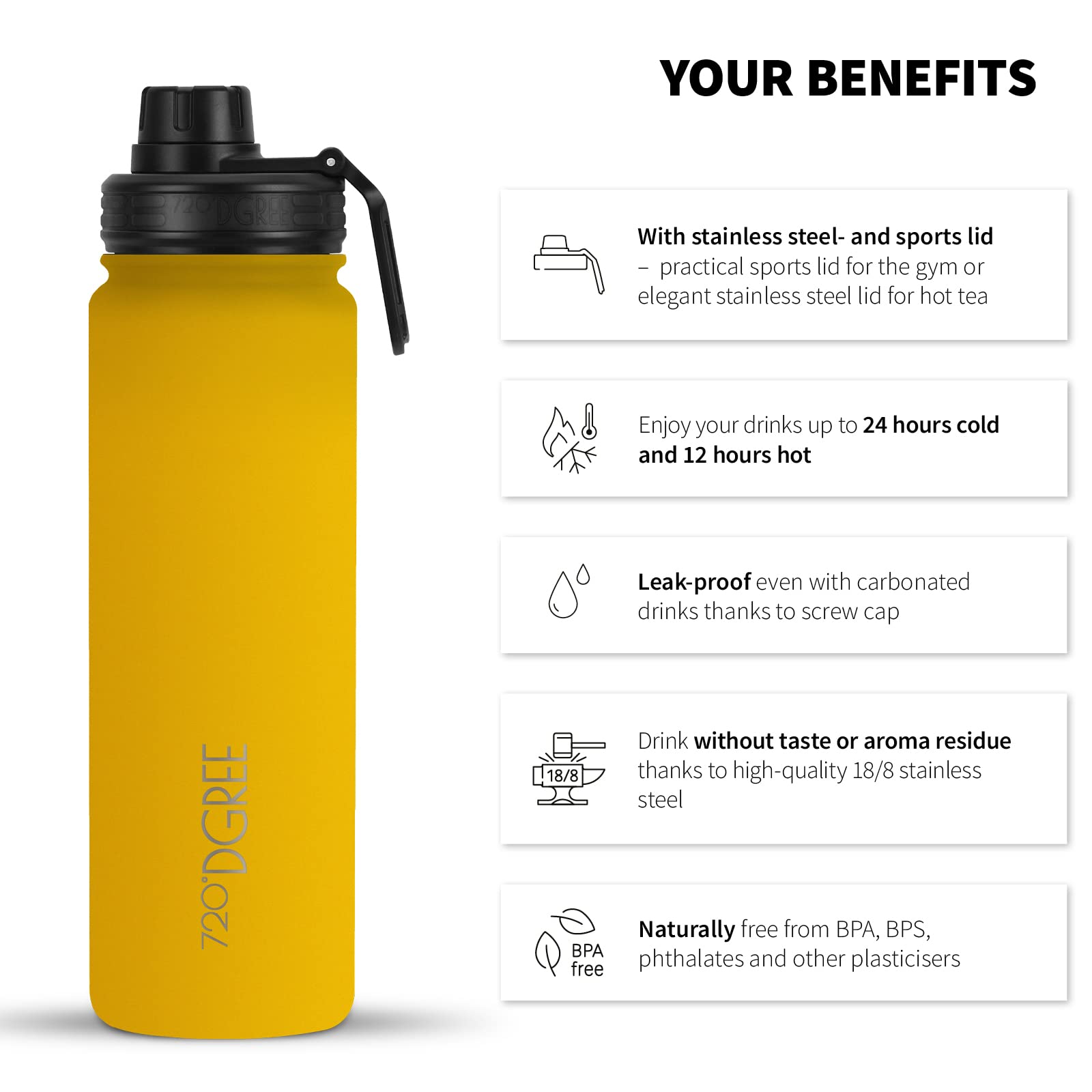 720°DGREE Borraccia Termica “noLimit“ 410ml, 530ml, 710ml, 950ml, 1200ml - Senza-BPA, Acciaio Inox, Doppia parete, Prova Perdite anche per Acido Carbonico - Borraccia Termos +Tappo Sportivo Gratuito