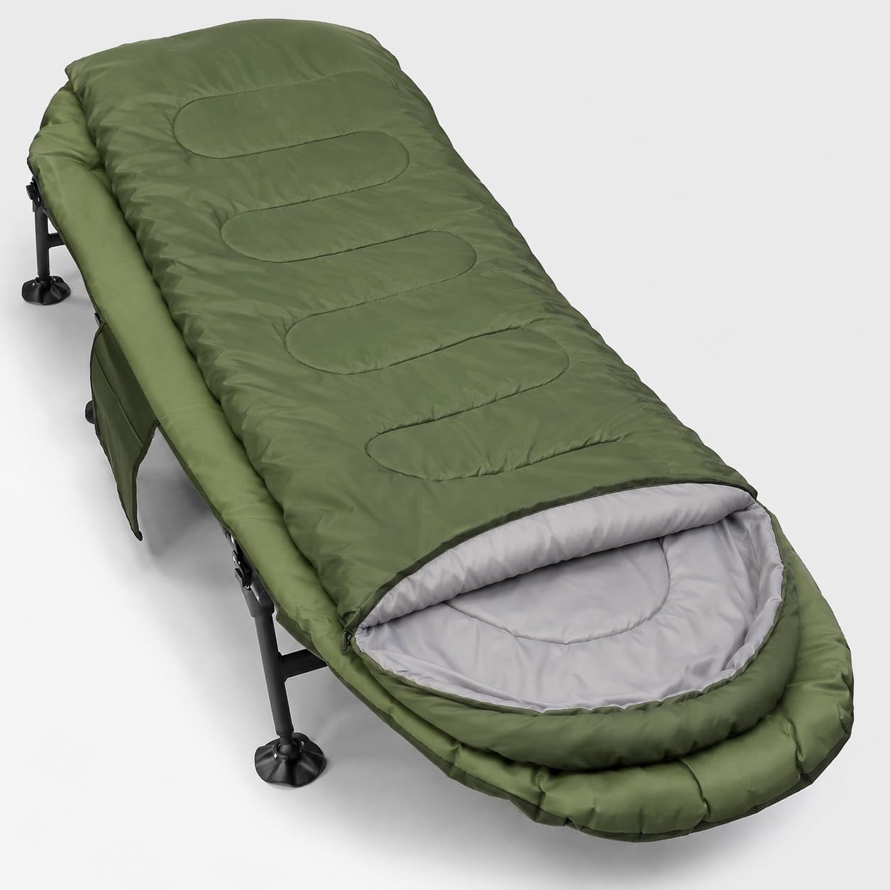 Carp Fishing Bedchair Compact with Sleeping Bag, 6 Leg Steel Frame Fishing Bed Chair Sleep System, 210 x 70cm Sleeping Bag, Padded Mattress, Pillow, Mud Feet & Side Pocket
