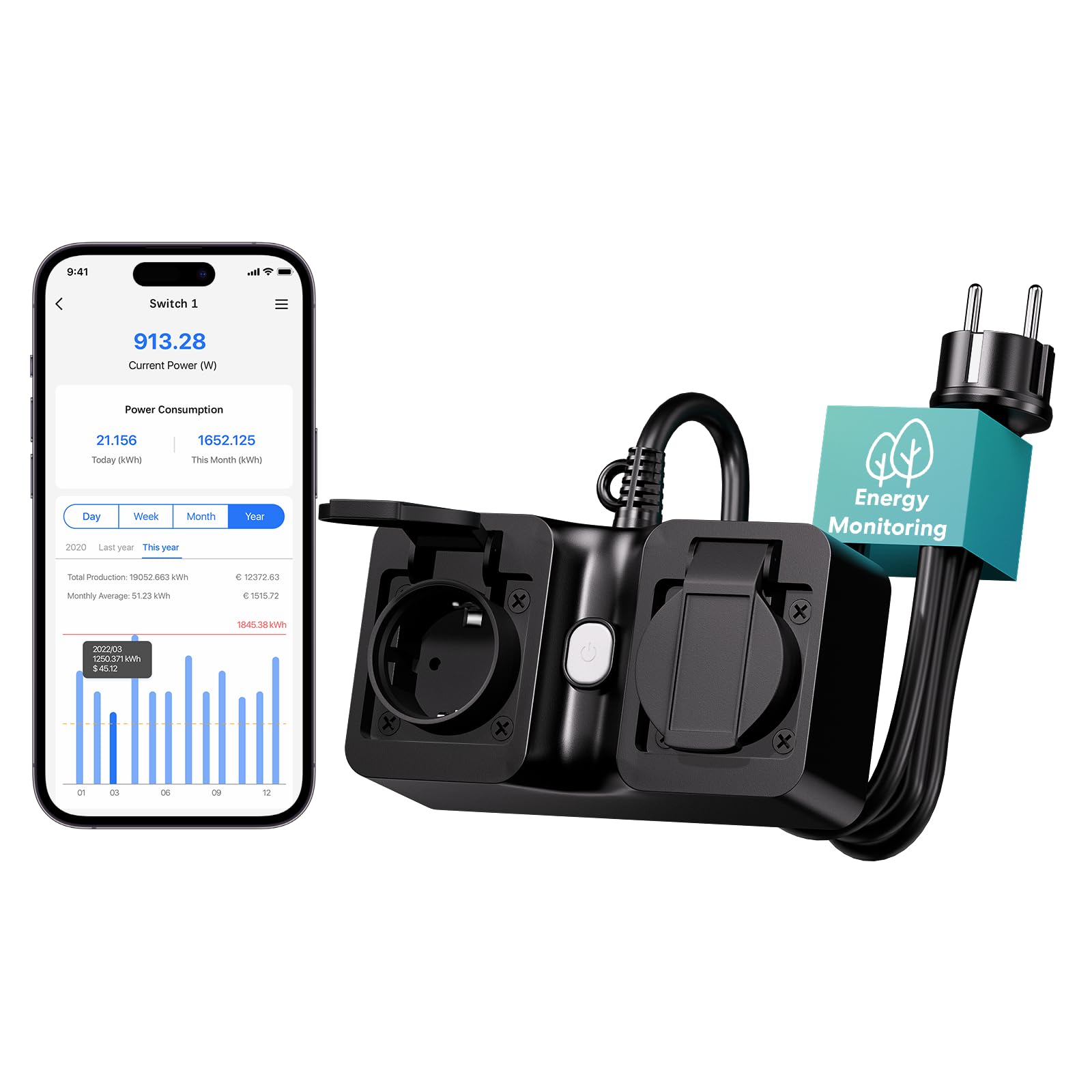 Meross WLAN Steckdose Outdoor mit Stromverbrauch, Smart Steckdose Stromzähler für Balkonkraftwerk Außensteckdose wasserdichte IP44, funktioniert mit HomeKit, Alexa und Google, 16A, 1.5m Kabel