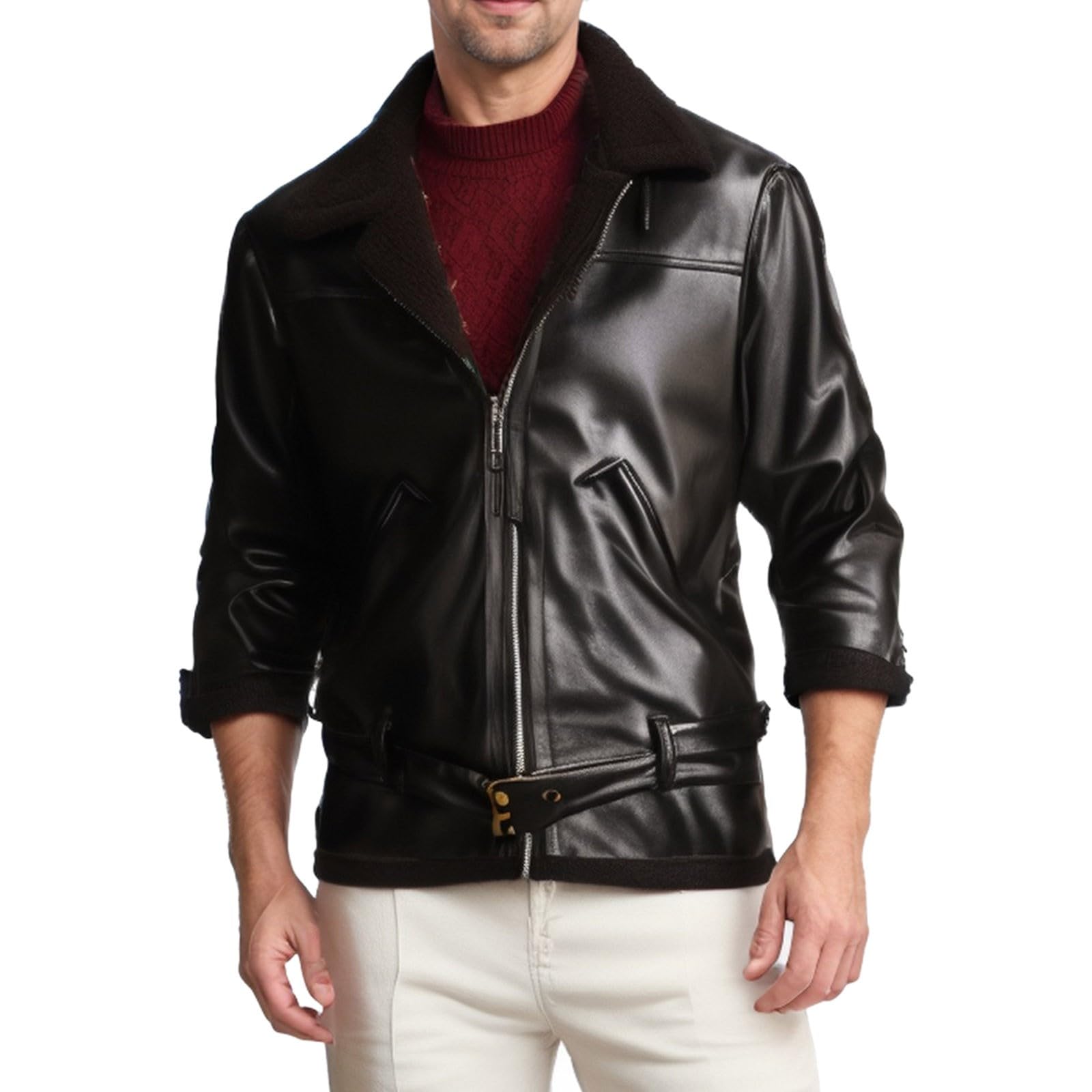 Generisch Giacca da aviatore, da uomo, in pelle, con chiusura lampo, calda, giacca softshell in pelle, giacca invernale gotic punk, giacca da pilota, giacca in pelle scamosciata