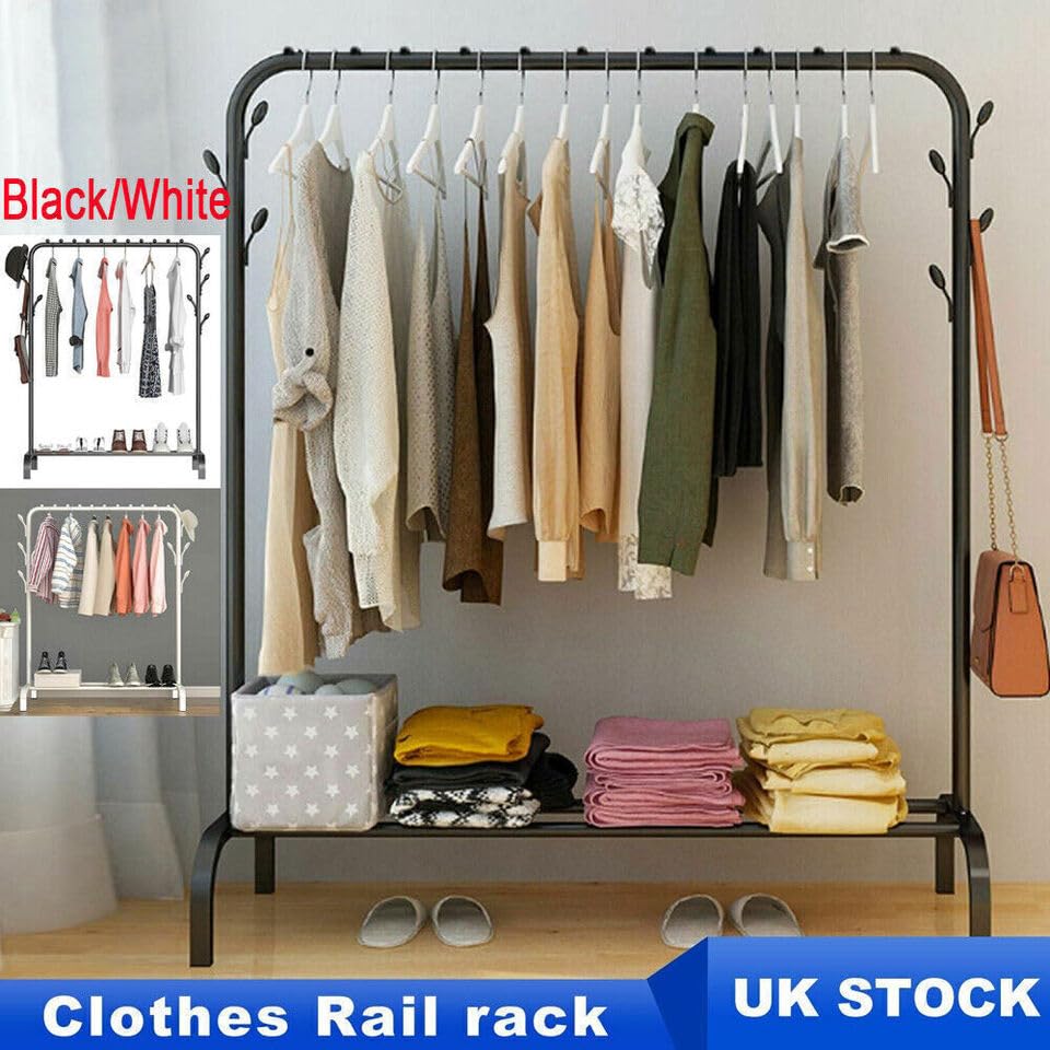 Image of Heavy Duty Metal Garment Rack with Wheels | Portable Clothes Hanging Stand | Rolling Clothing Rack for Bedroom, Laundry & Retail Store | Space Saving Cloth Stand (Black B)