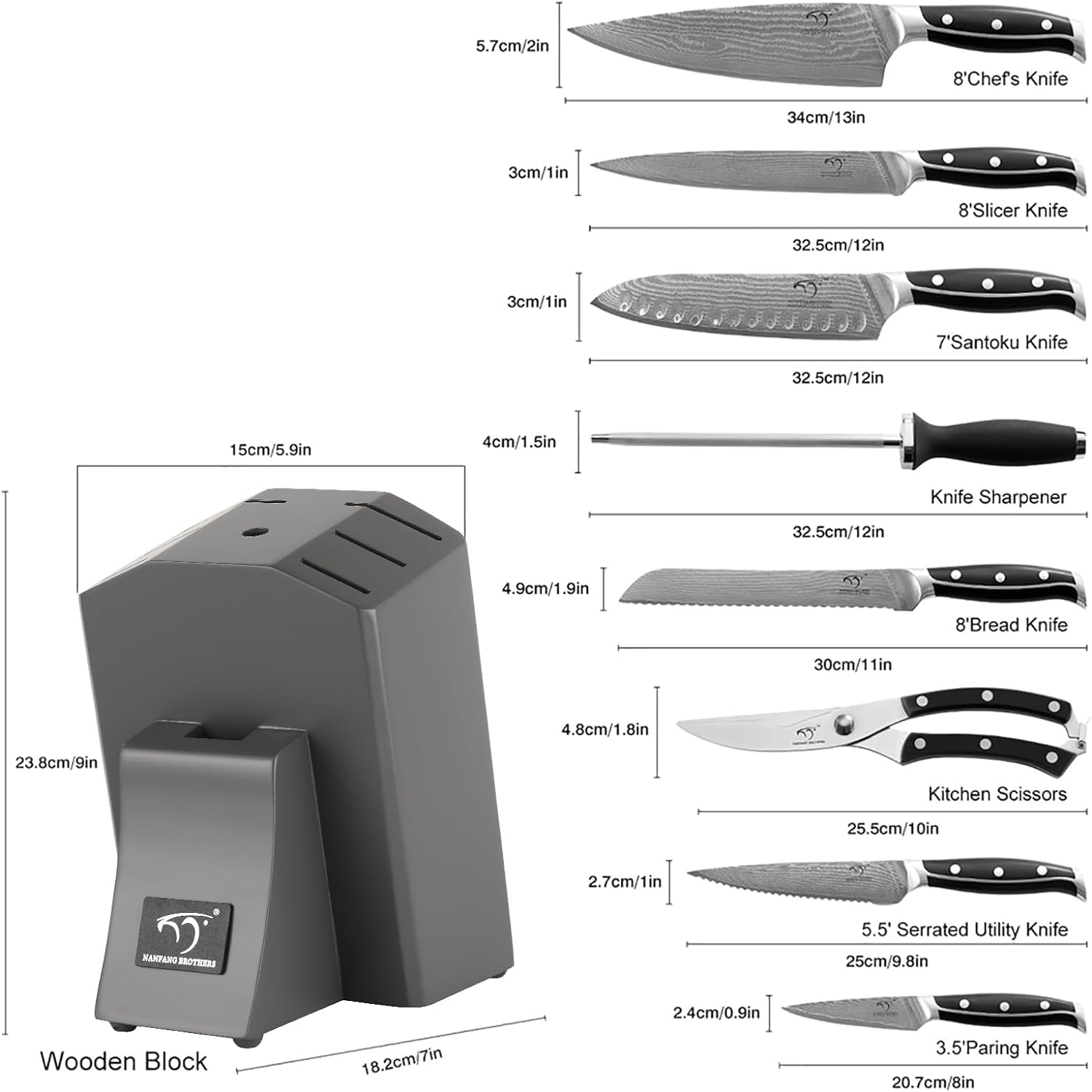 Professionelles Japanisches Damaszener Stahl Küchenmesser Set 9 Teile mit Holzblock, beinhaltet Kochmesser, Brotmesser, Santoku Messer, Allzweck- und Schälmesser, alle in einer Geschenkbox Grau
