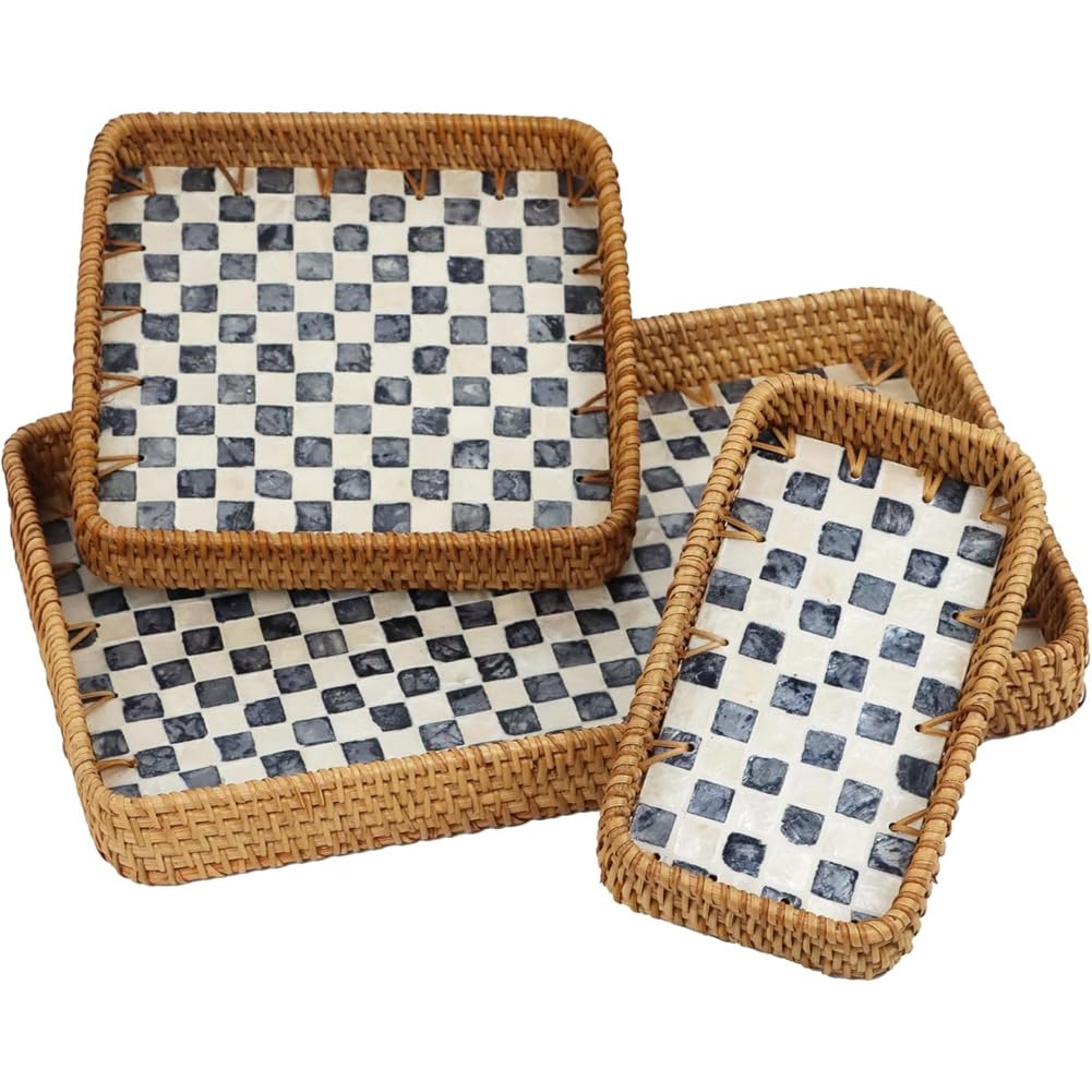 UDSKNV[KSL Set of 3 Rectangle Rattan Serving Trays, Decorative Wicker Baskets for Home Decor, Coffee Tea Tray for Bathroom Kitchen Counter