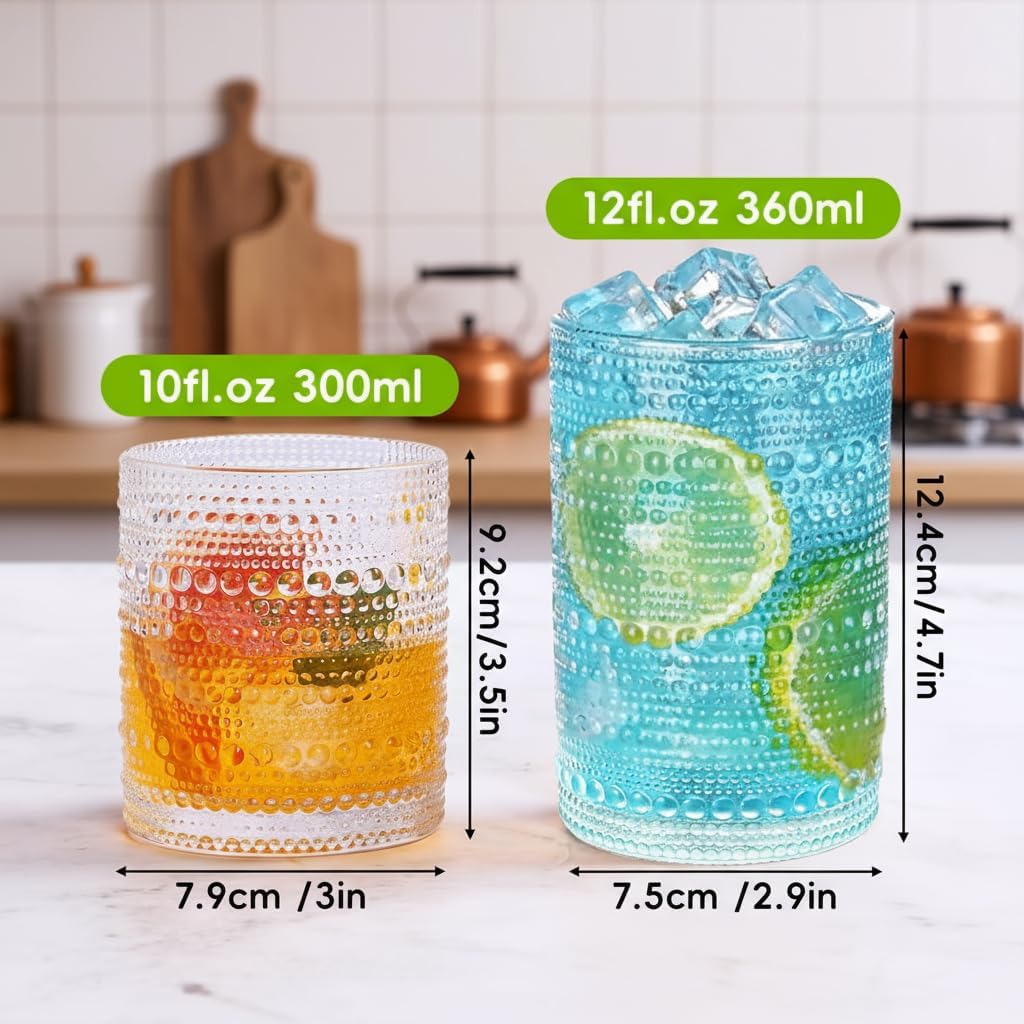 Hobnail Drinking Glasses Set of 12, Vintage Drinking Glasses,12 oz Highball Glasses & 10 oz Cocktail Glasses Set, Durable Glass Cups with Smooth Interior - Dishwasher-Safe ,Home, Parties & Daily Use