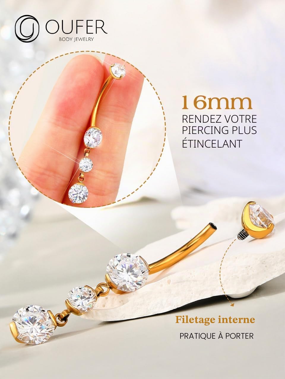 OUFER Body Piercing Internally Titanium 10/12/14/16mm Belly Button Bars Gold Dangle Navel Piercing Jewellery 14G Belly Bars Belly Button Ring Clear CZ Nave Bars Piercing Jewellery