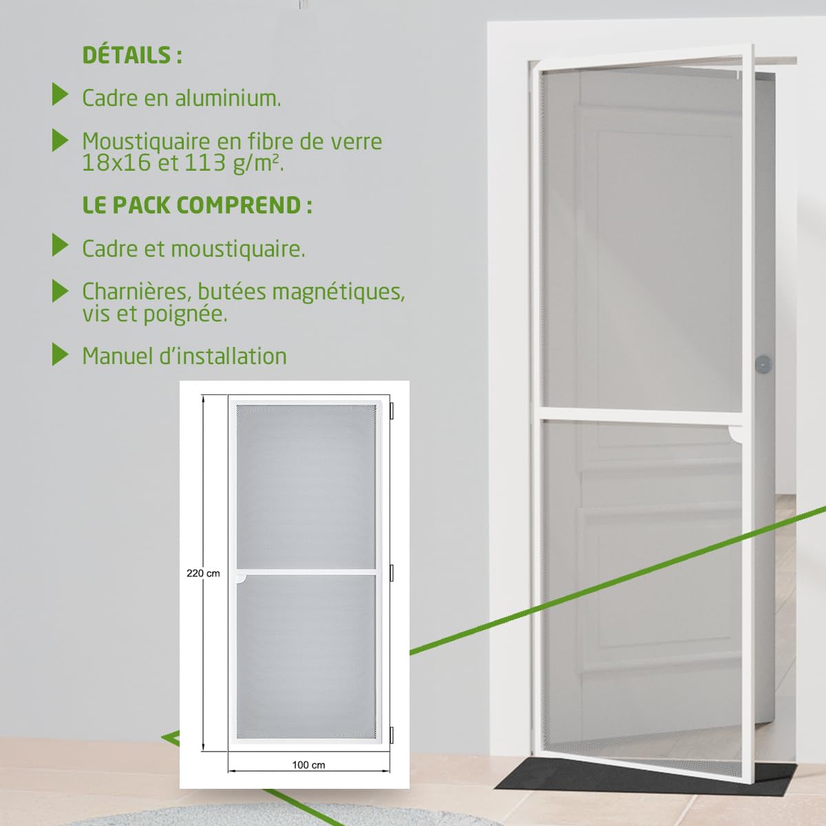 Amig - Moustiquaire pour porte - 100 x 220 cm - Ajustable - Kit complet avec cadre, maille et accessoires - Aluminium et fibre de verre - Blanc/Gris - Protection contre moustiques