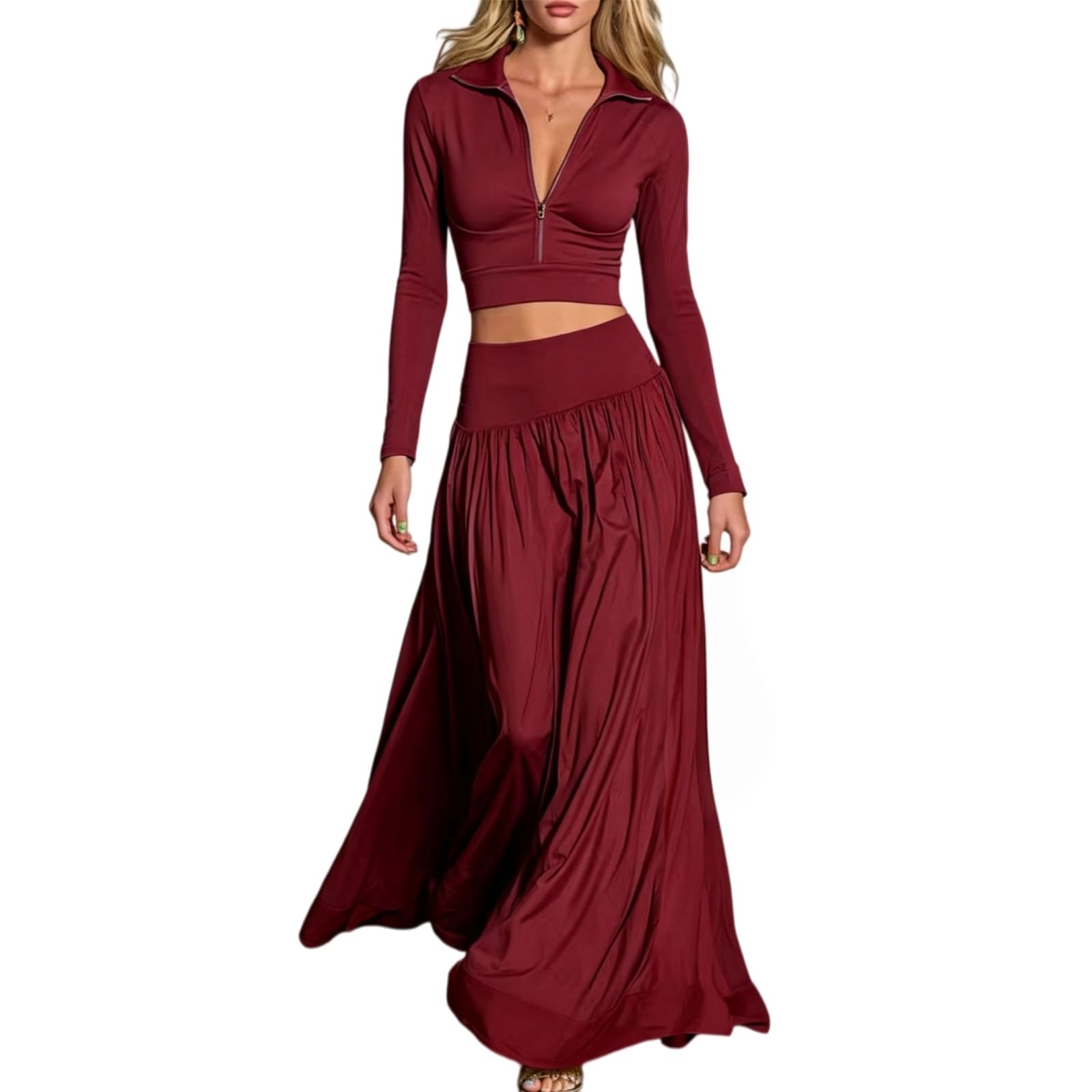 Ensemble Femme Crop Top Zippé Manches Longues Et Jupe Longue