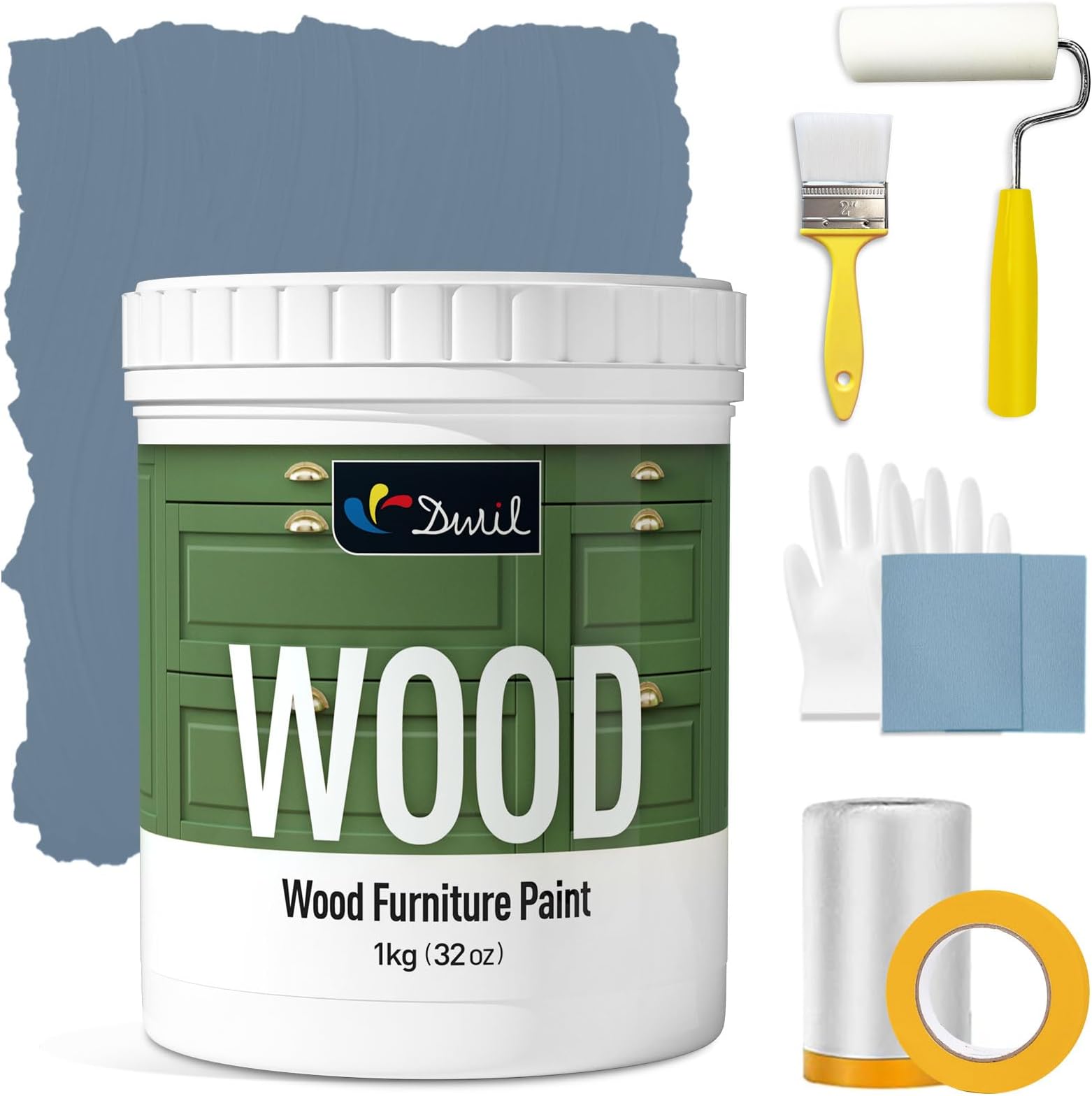 Matte Finish Furniture Paint - 32 Oz Wood Paint for Cabinets, Doors, Tables, and Dressers Refinishing - Water-Based, Non-Toxic & Odorless, Easy to Apply(Blue Grey)-With Tools