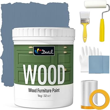 DWIL Matte Finish Furniture Paint - 32 Oz Wood Paint for Cabinets, Doors, Tables, and Dressers Refinishing - Water-Based, Non-Toxic & Odorless, Easy to ApplyBlue Grey-With Tools