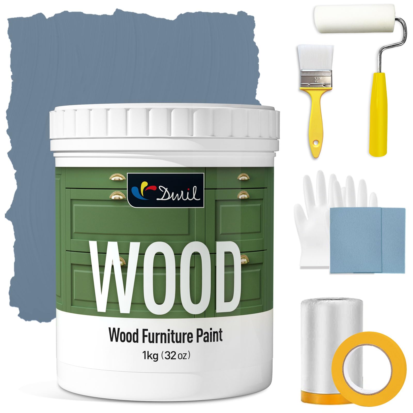 DWIL Matte Finish Furniture Paint - 32 Oz Wood Paint for Cabinets, Doors, Tables, and Dressers Refinishing - Water-Based, Non-Toxic & Odorless, Easy to Apply(Blue Grey)-With Tools