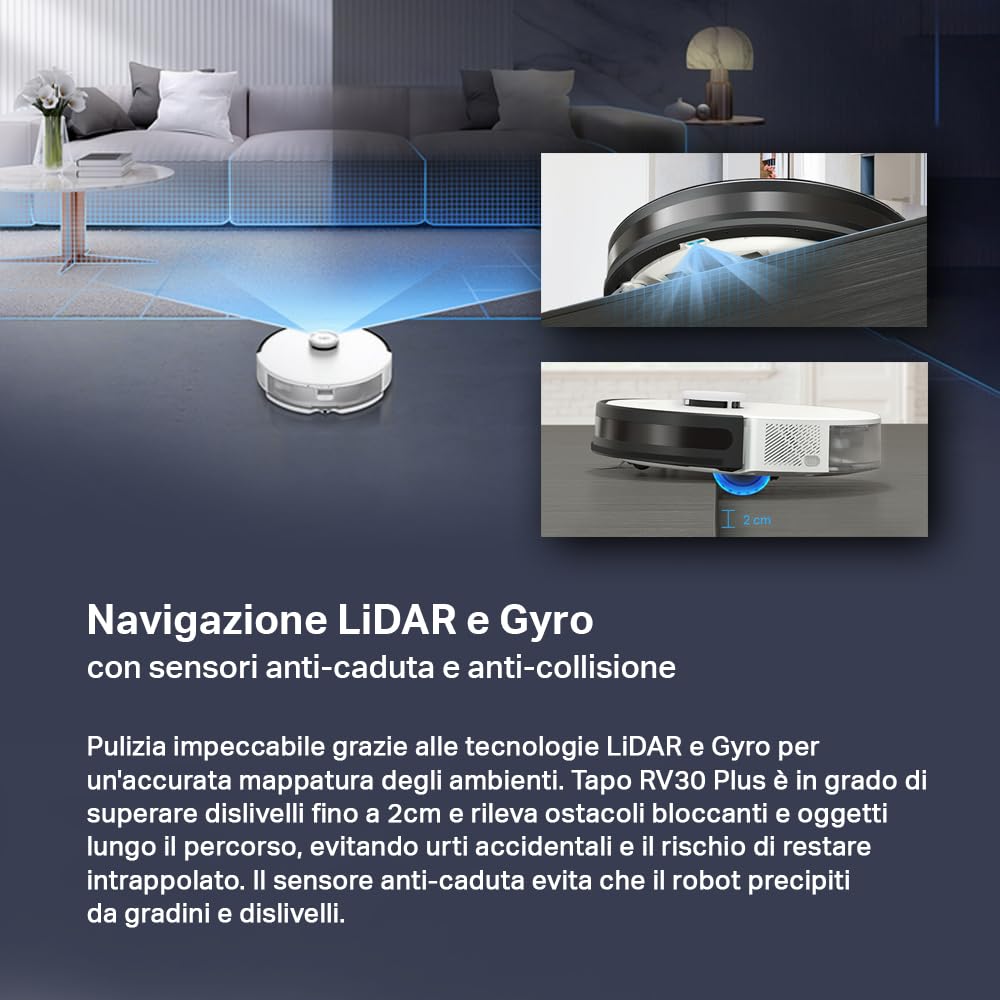 TP-link Tapo RV30 Plus, Robot Aspirapolvere Lavapavimenti, Aspirazione Potenza 4200Pa, Navigazione LiDAR, Mappatura Rapida, Batteria da 5000mAh, Dock di Svuotamento Intelligente, APP&Alexa&Google