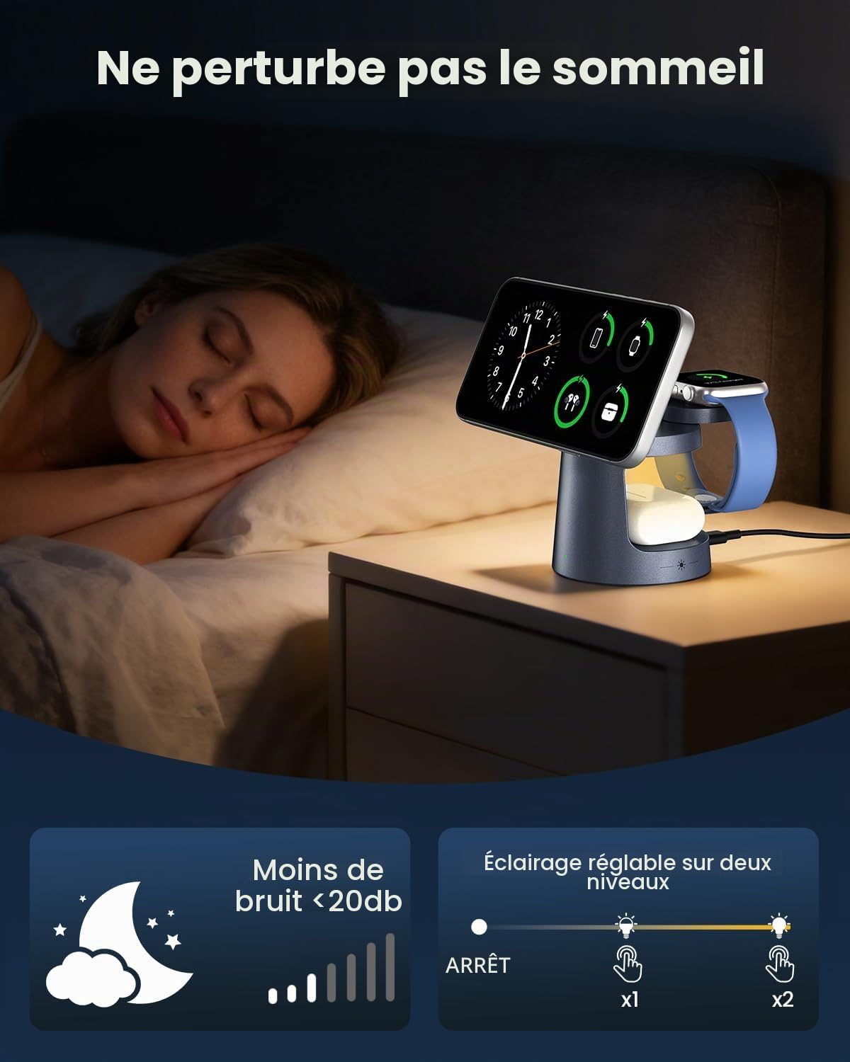 GEEKERA Qi2.2 25W Station de Charge 3 en 1 avec Lampe Nocturne, Chargeur Rapide Pliable Compatible MagSafe pour iPhone Air/17/16/15-12, Apple Watch 2-11, AirPods, inclut Adaptateur GaN 45W, Gunmetal