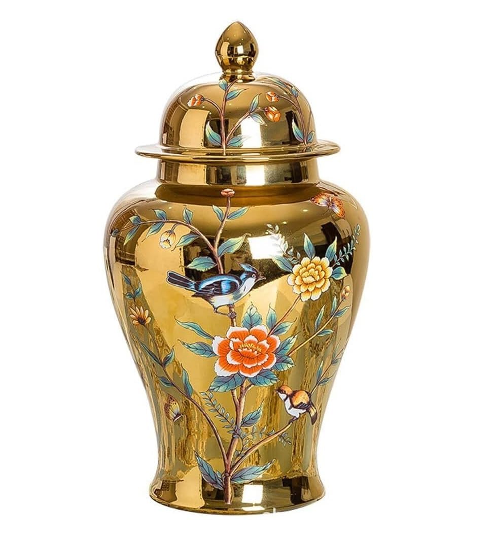 SBJKLYRN ceramic jar， Chinese Tradition Gold Ceramic Ginger Jar with Lid Decorative Porcelain Jars Temple Jar with Lids Temple Jar(22 * 39cm)