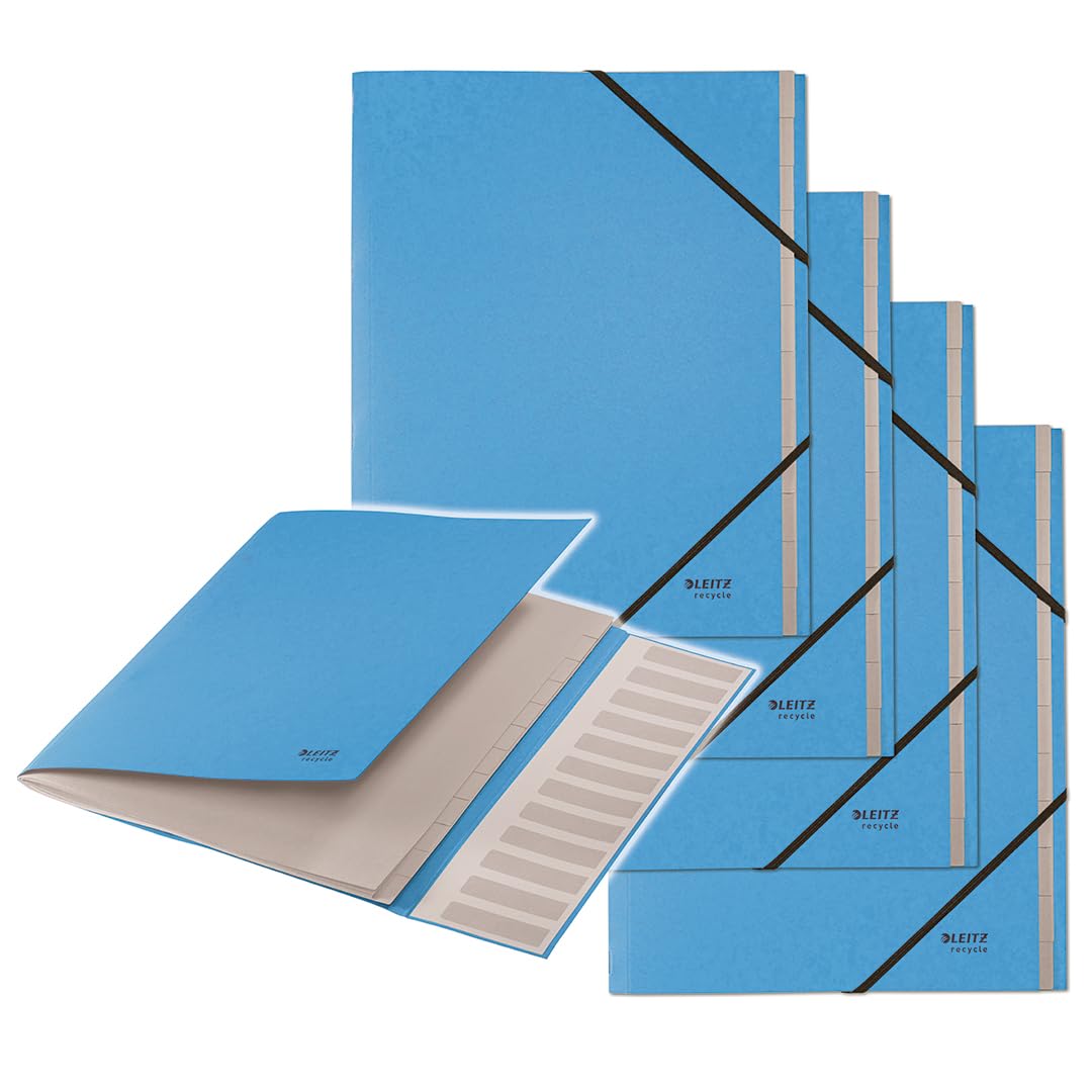 Leitz Recycle Ordnungsmappe A4, 4er Pack, Projektmappe mit 12 Fächern mit Index, 100 % recycelt & recycelbar, Umweltfreundlich, Recycle Serie, Blau, 39150035