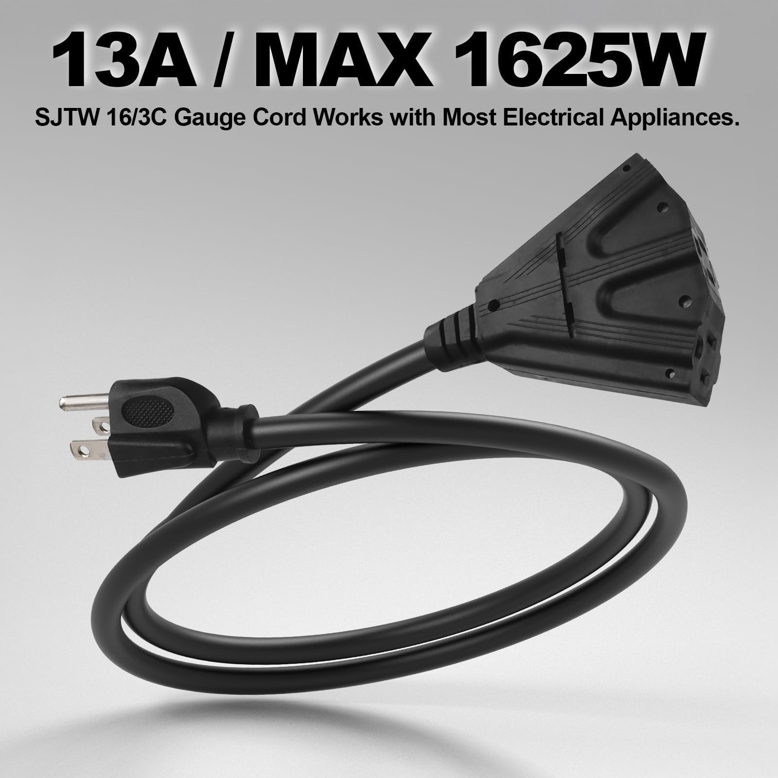 EP Paquete de 2 cables de extensión para exteriores de 10 pies con 3 tomas de corriente eléctricas, cable negro duradero 16/3 SJTW con enchufe de tierra de 3 clavijas