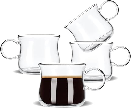 Espresso Cups Set of 4, 5 Ounces Espresso Shot Glass, Clear Double Esperesso Glasses with Handle, Small Tazas De Cafe Espresso Machine Accessories