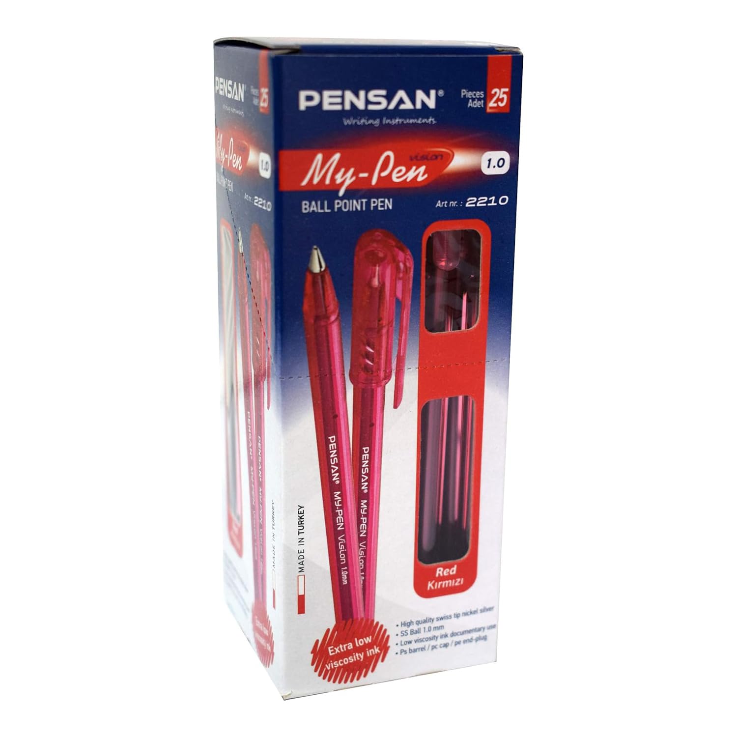 Pensan My Pen Vision 2210 Ballpoint Pens Pack of 25, 1.0 mm Swiss Tip, Smooth Low-Viscosity Ink Ideal for Office & School Use (Red) - Image 2