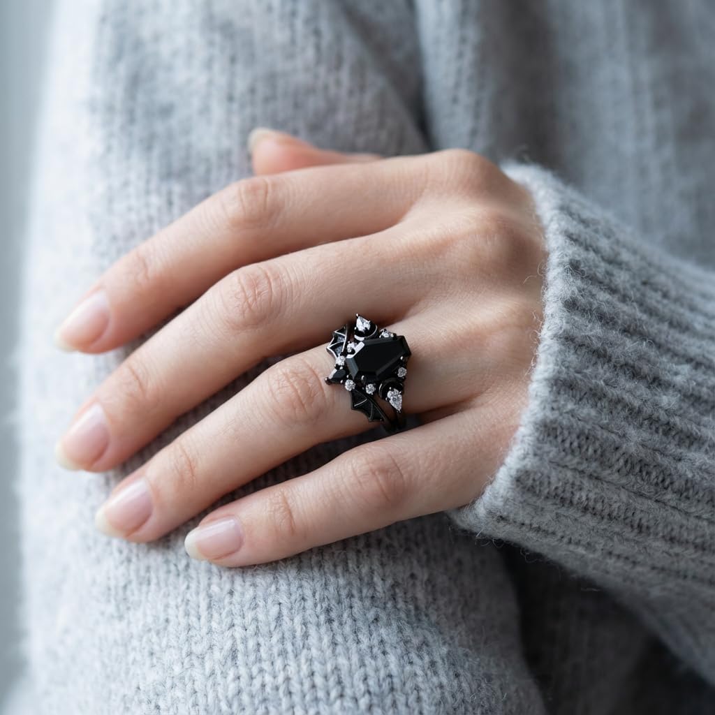1ct-4ct Black Onyx Rings for Women 10K /14K /18K Solid Gold Black Onyx Engagement Ring Gemstone Gothic Wedding Promise Ring for Her Free Engraving