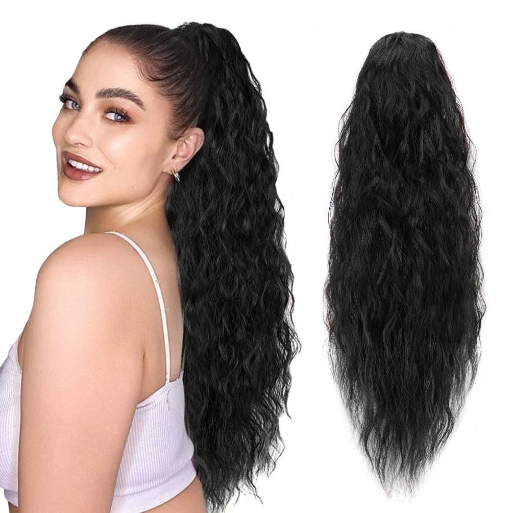 rosmile Corn Wave Drawstring Ponytail 140 Grams Natural Black Wave Ponytail Clip in Extension 22 Inches Synthetic Corn Curly Wave Ponytail for Black Women(1B,Natural Black) 22 Inch #1B